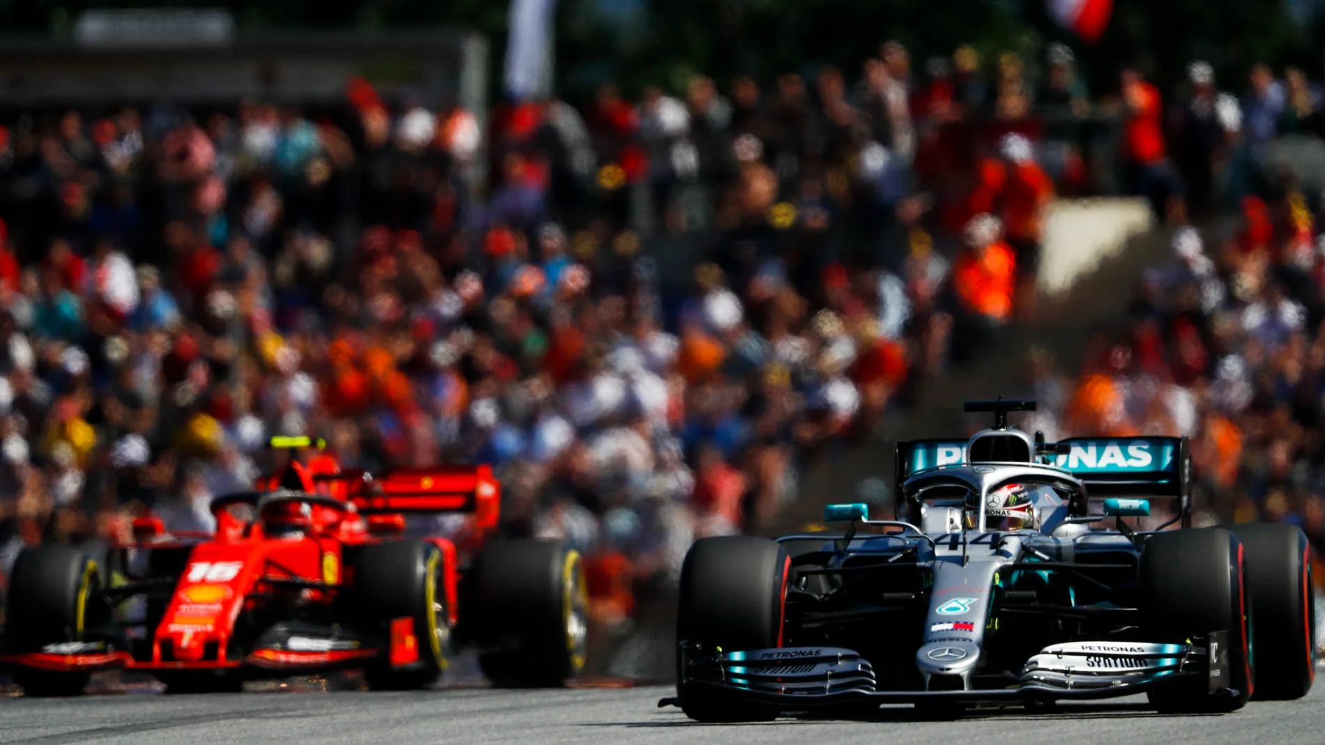 RED BULL RING, AUSTRIA - JUNE 29: Lewis Hamilton, Mercedes AMG F1 W10 and Charles Leclerc, Ferrari