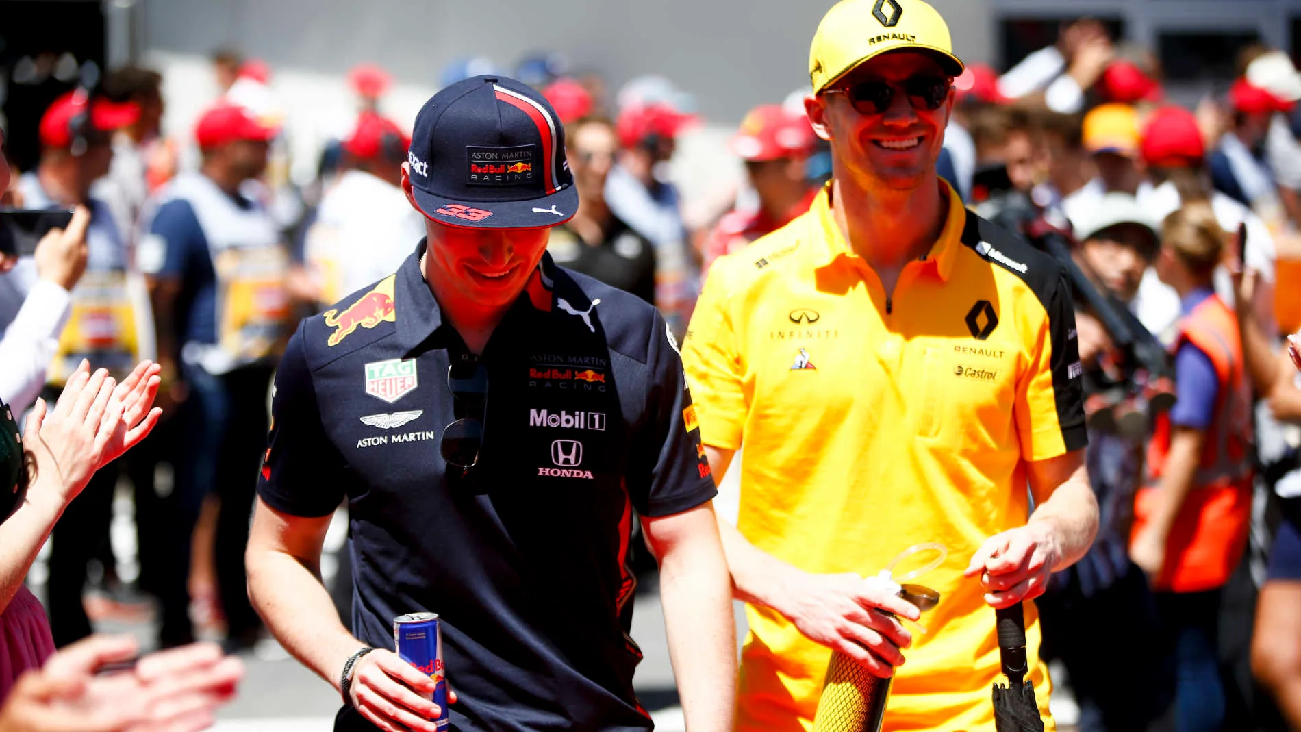 RED BULL RING, AUSTRIA - JUNE 30: Max Verstappen, Red Bull Racing, and Nico Hulkenberg, Renault F1