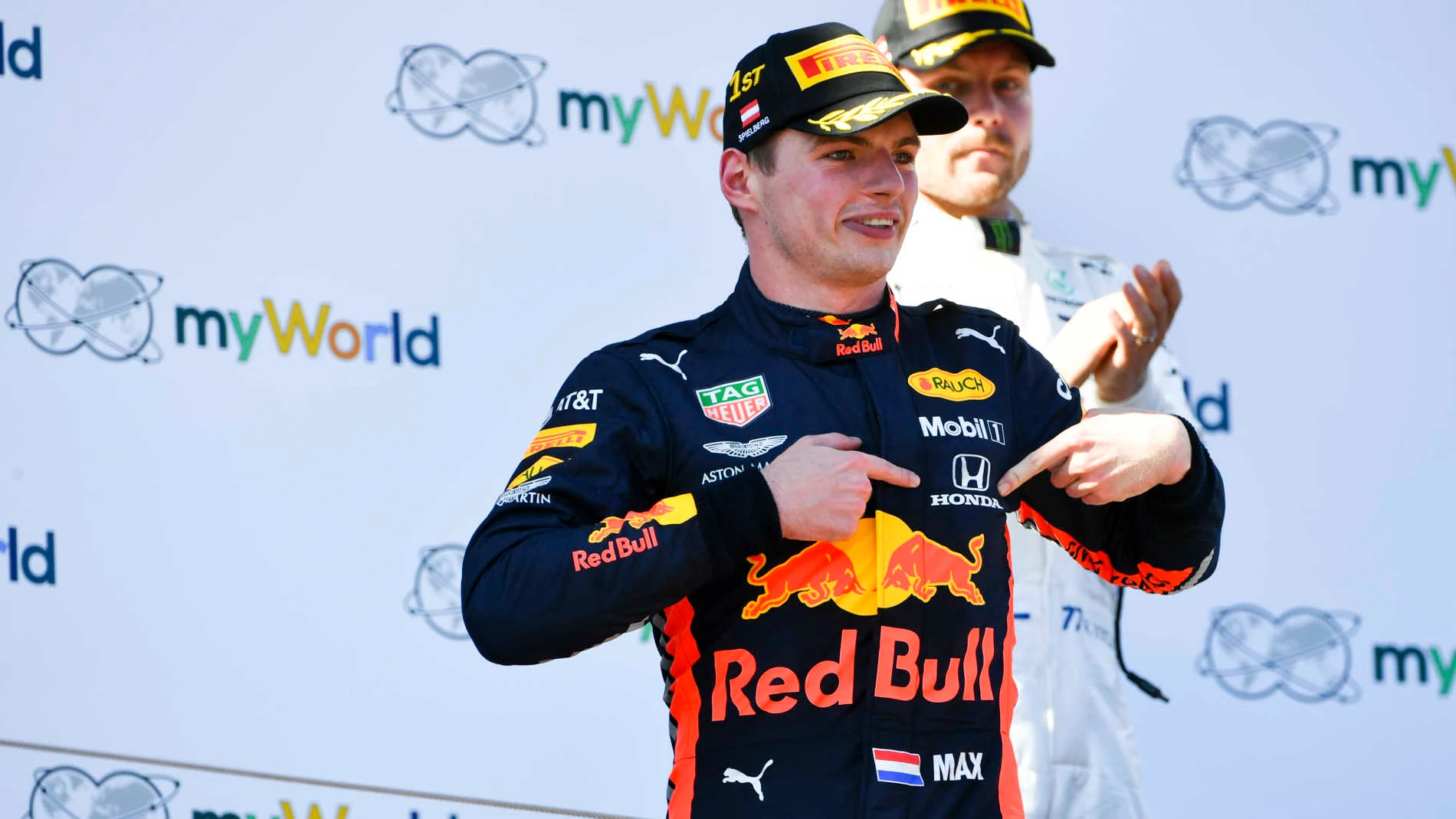 RED BULL RING, AUSTRIA - JUNE 30: Max Verstappen, Red Bull Racing, 1st position, points to his