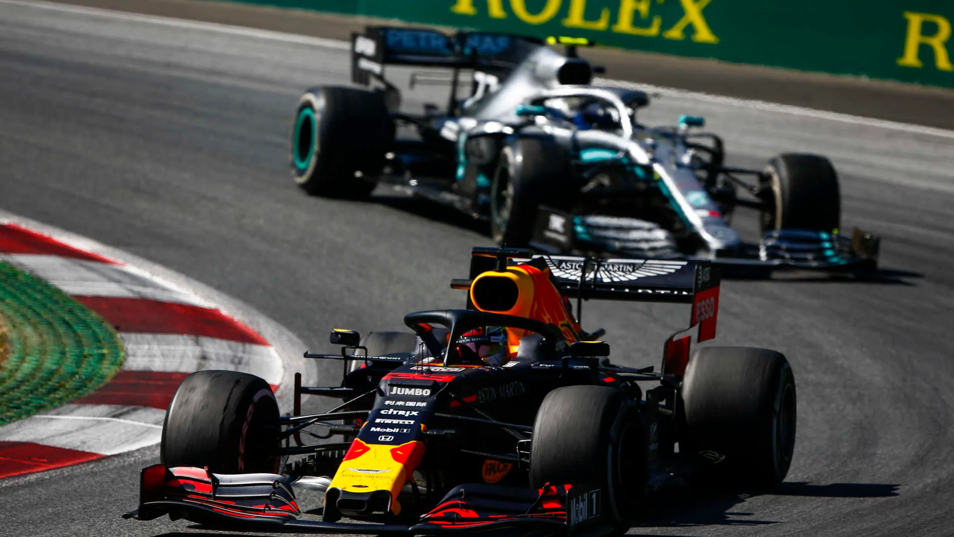 RED BULL RING, AUSTRIA - JUNE 30: Max Verstappen, Red Bull Racing RB15, leads Valtteri Bottas,