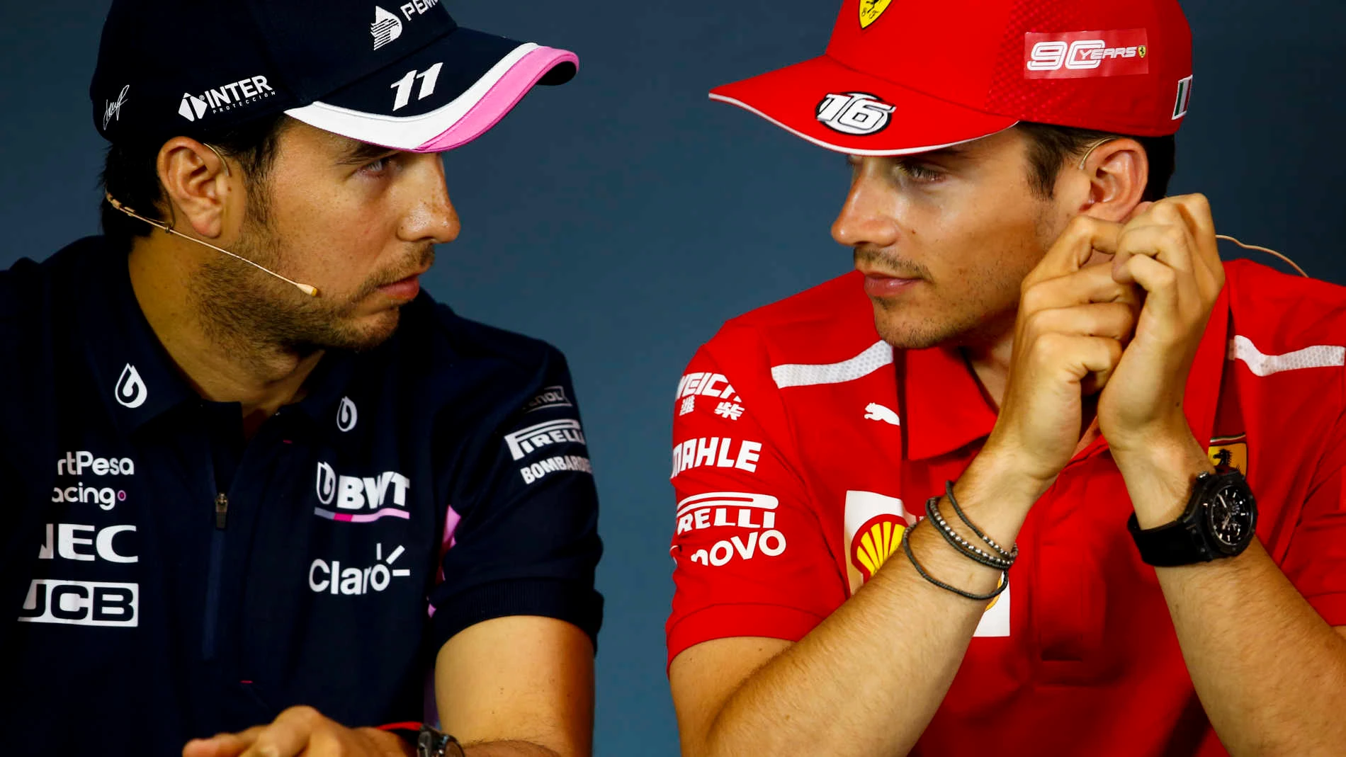 RED BULL RING, AUSTRIA - JUNE 27: Sergio Perez, Racing Point and Charles Leclerc, Ferrari in the