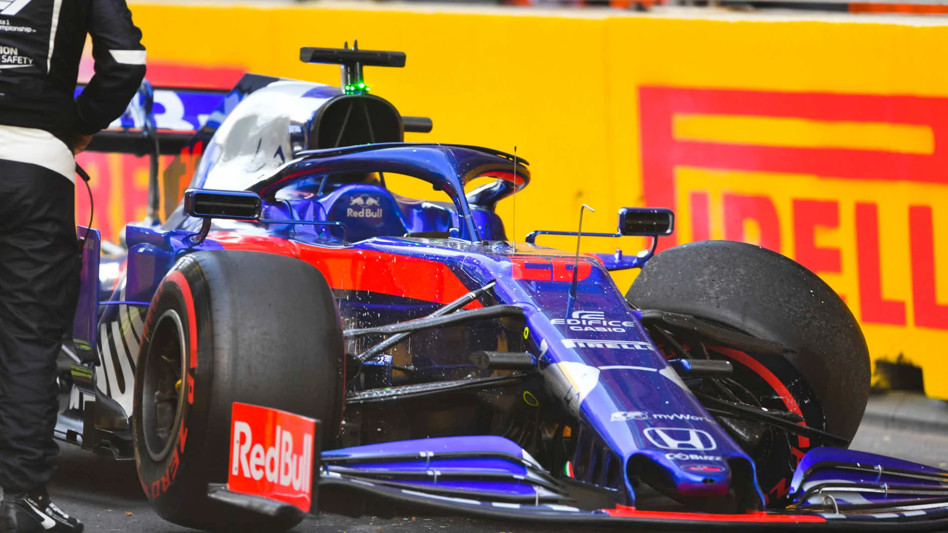 BAKU CITY CIRCUIT, AZERBAIJAN - APRIL 26: The damaged car of Daniil Kvyat, Toro Rosso STR14, after his crash in FP2 during the Azerbaijan GP at Baku City Circuit on April 26, 2019 in Baku City Circuit, Azerbaijan. (Photo by Simon Galloway / Sutton Images)