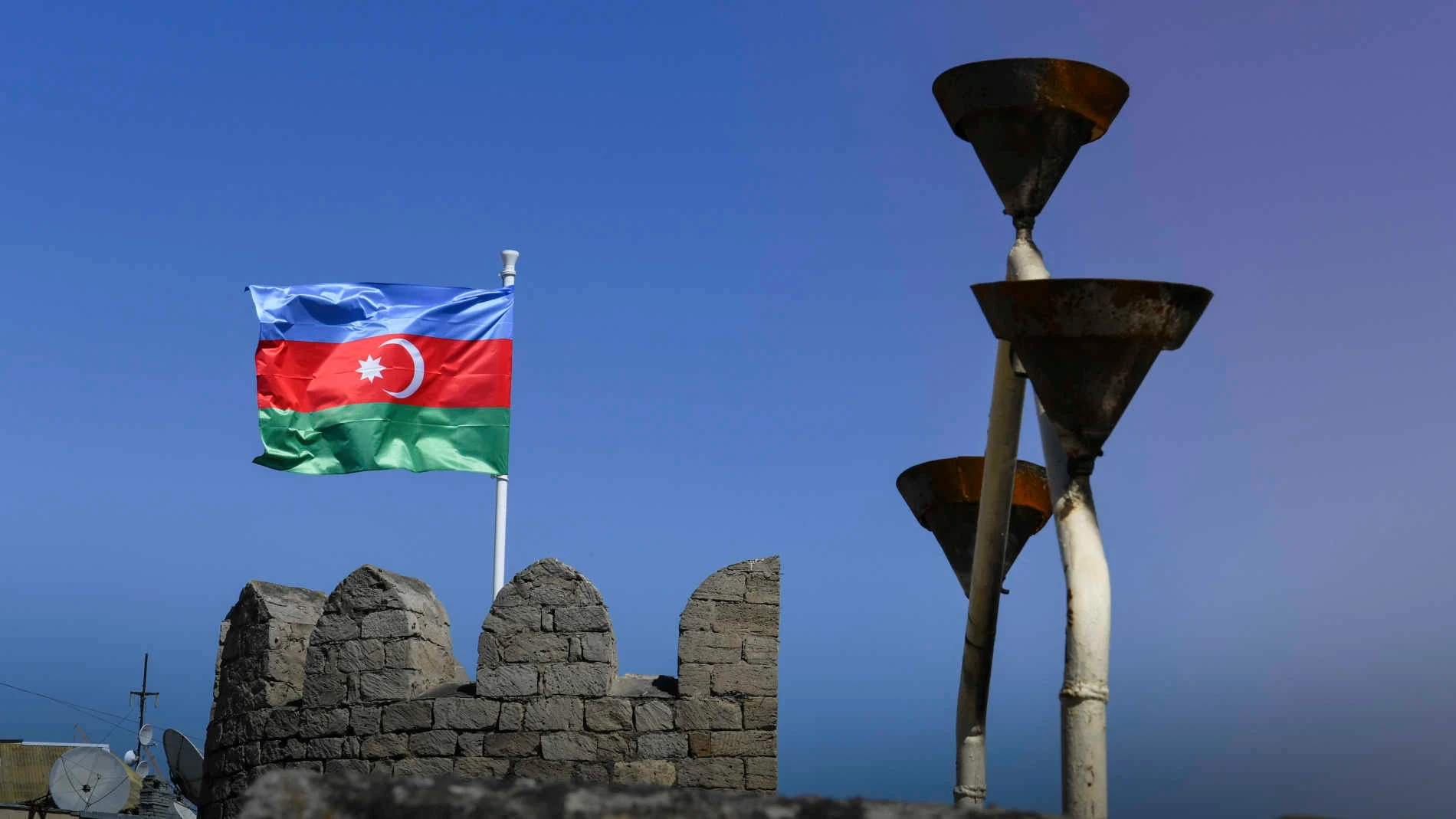 BAKU CITY CIRCUIT, AZERBAIJAN - APRIL 27: The Azerbaijan flag flies from ramparts during the