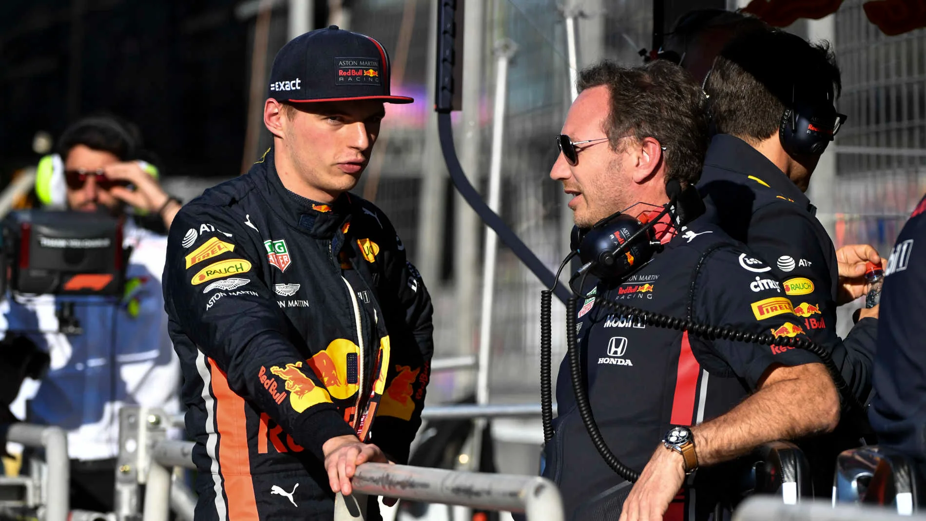 BAKU CITY CIRCUIT, AZERBAIJAN - APRIL 27: Max Verstappen, Red Bull Racing, talks with Christian