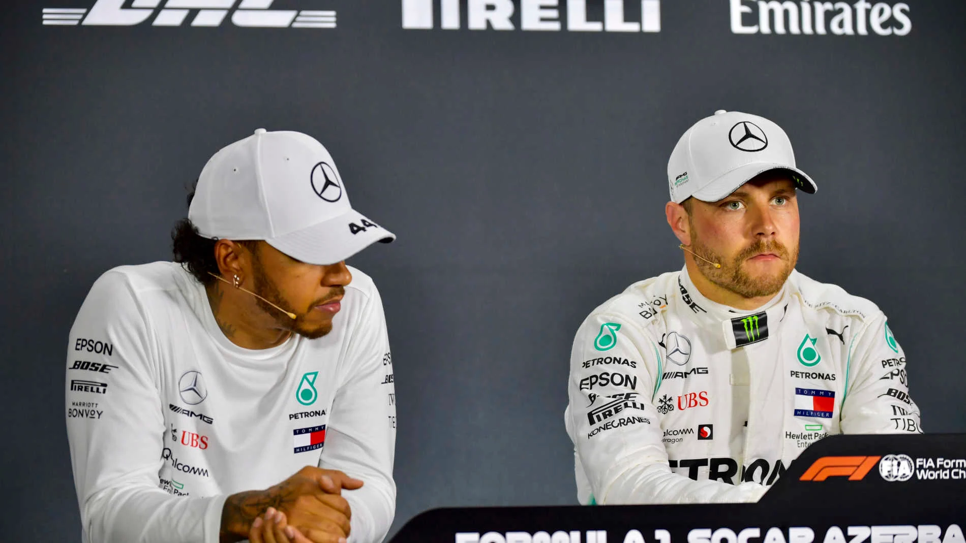 BAKU CITY CIRCUIT, AZERBAIJAN - APRIL 27: Front row starters, Lewis Hamilton, Mercedes AMG F1, and