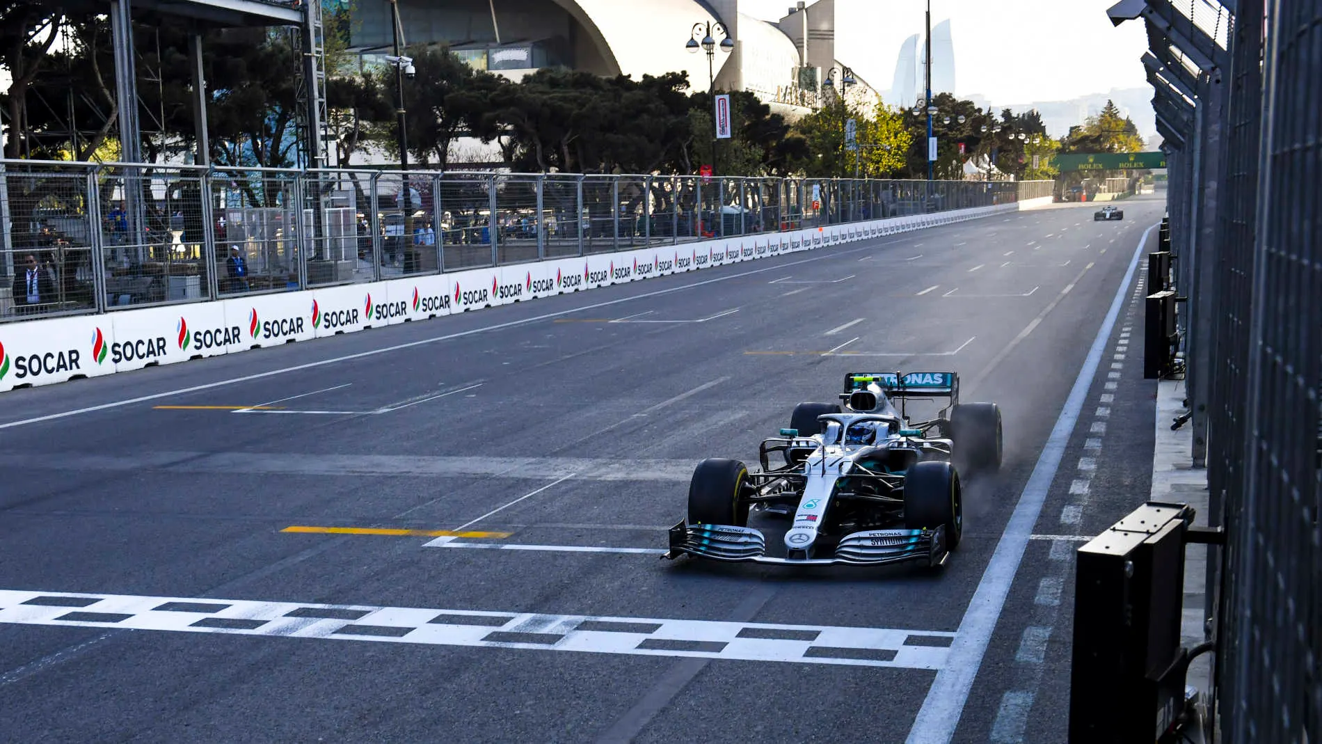 BAKU CITY CIRCUIT, AZERBAIJAN - APRIL 28: Race Winner Valtteri Bottas, Mercedes AMG F1 crosses the