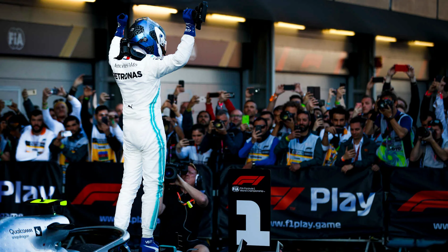 BAKU CITY CIRCUIT, AZERBAIJAN - APRIL 28: Race Winner Valtteri Bottas, Mercedes AMG F1 celebrates