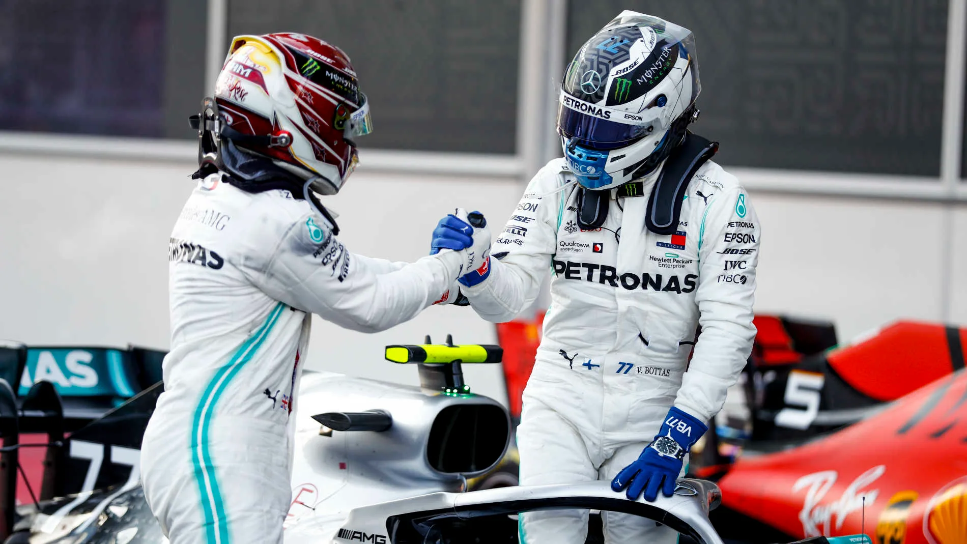 BAKU CITY CIRCUIT, AZERBAIJAN - APRIL 28: Lewis Hamilton, Mercedes AMG F1 and Valtteri Bottas, Mercedes AMG F1 celebrate in Parc Ferme during the Azerbaijan GP at Baku City Circuit on April 28, 2019 in Baku City Circuit, Azerbaijan. (Photo by Glenn Dunbar / LAT Images)