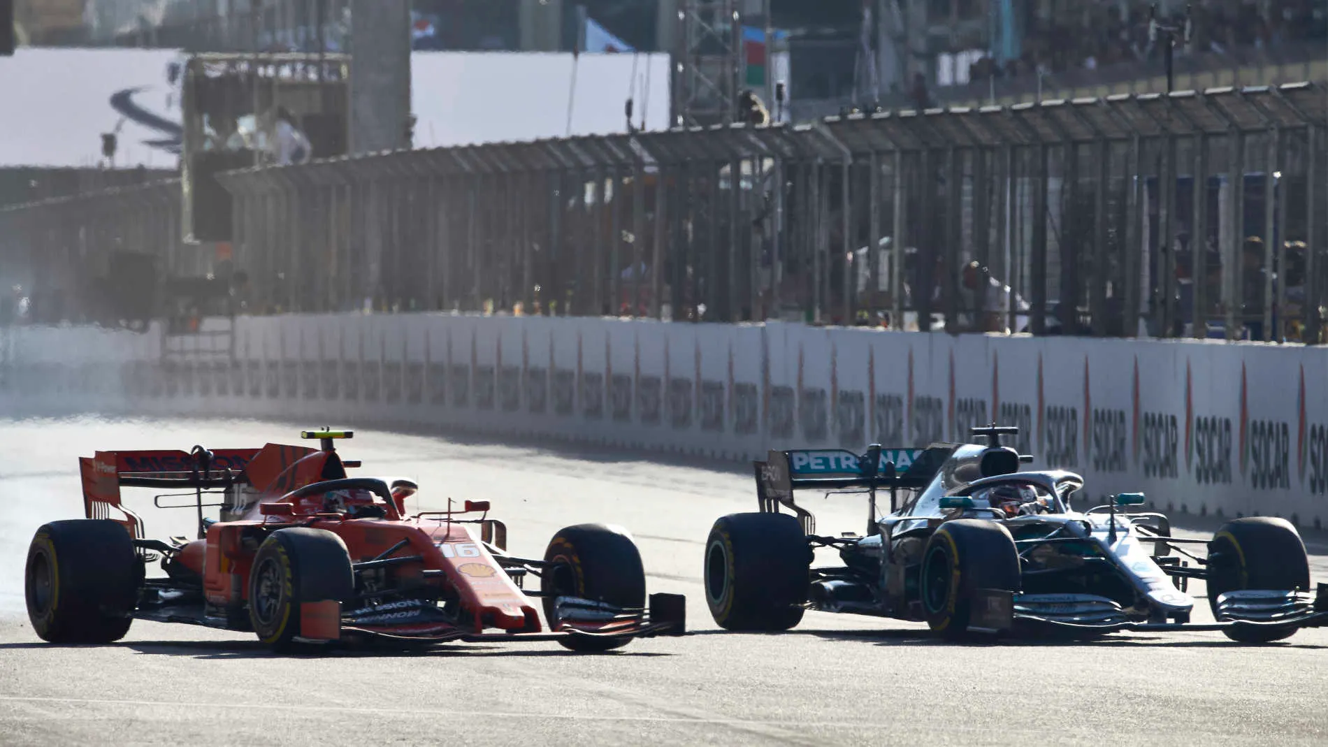BAKU CITY CIRCUIT, AZERBAIJAN - APRIL 28: Lewis Hamilton, Mercedes AMG F1 W10,battles withCharles