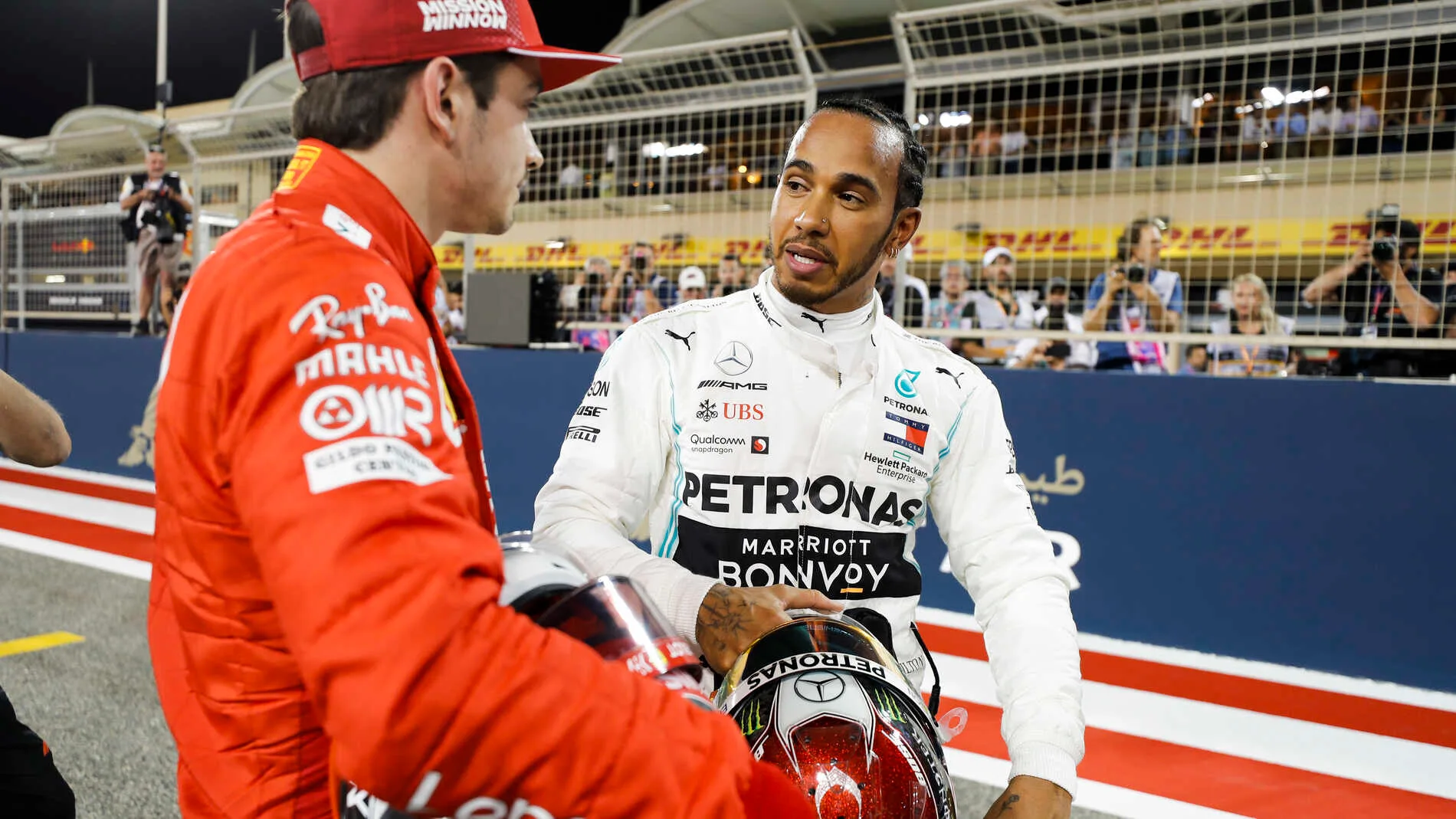 BAHRAIN INTERNATIONAL CIRCUIT, BAHRAIN - MARCH 30: Charles Leclerc, Ferrari celebrates pole