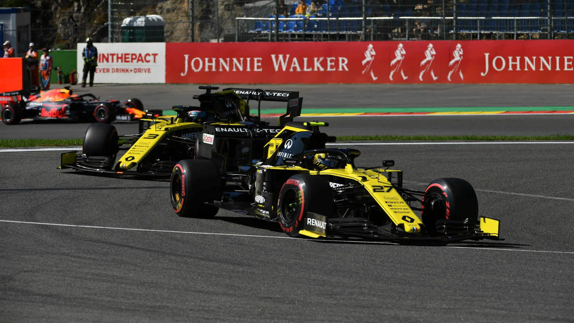 SPA-FRANCORCHAMPS, BELGIUM - AUGUST 30: Nico Hulkenberg, Renault R.S. 19, leads Daniel Ricciardo,