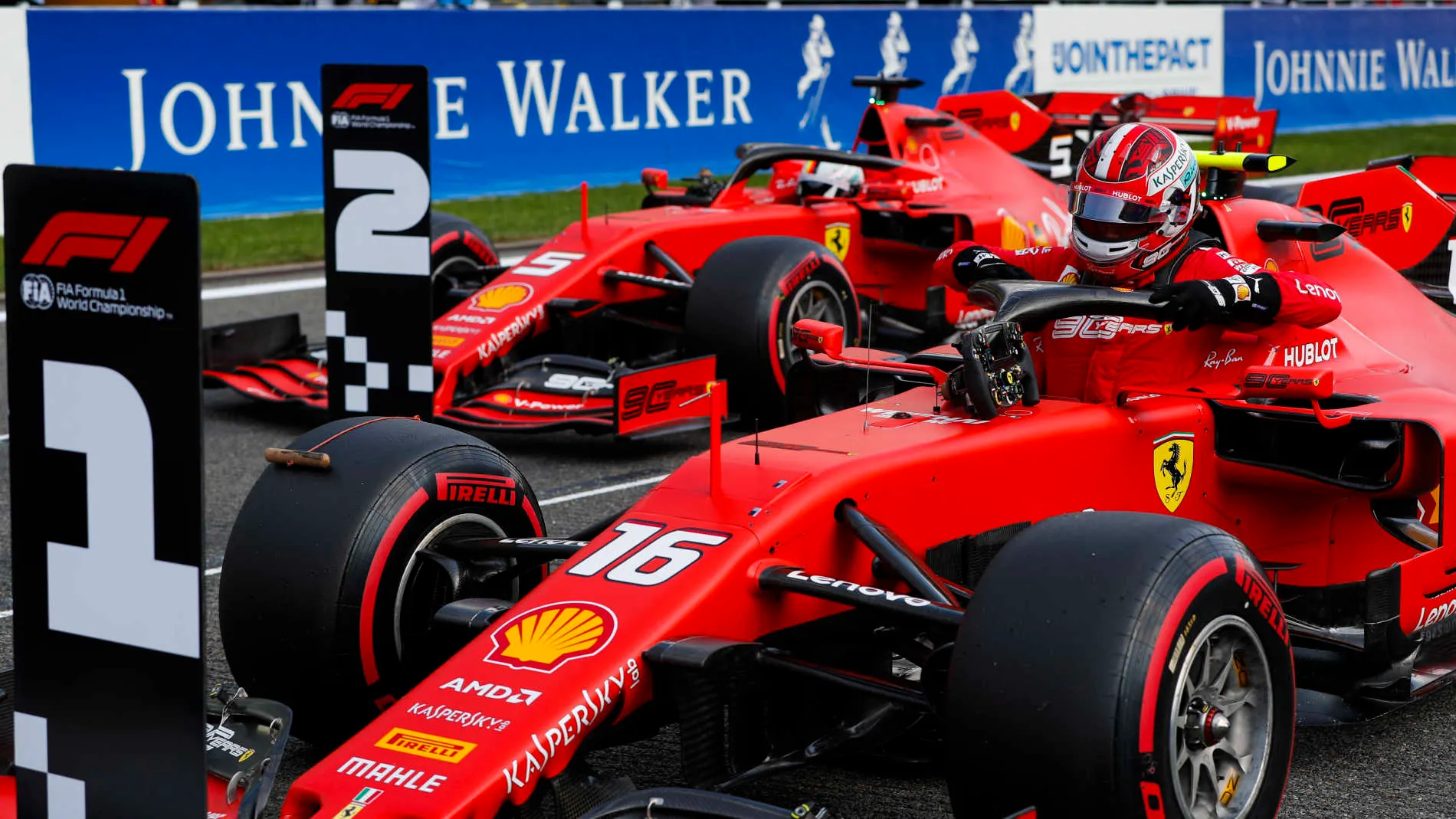 SPA-FRANCORCHAMPS, BELGIUM - AUGUST 31: Charles Leclerc, Ferrari SF90, celebrates pole position,