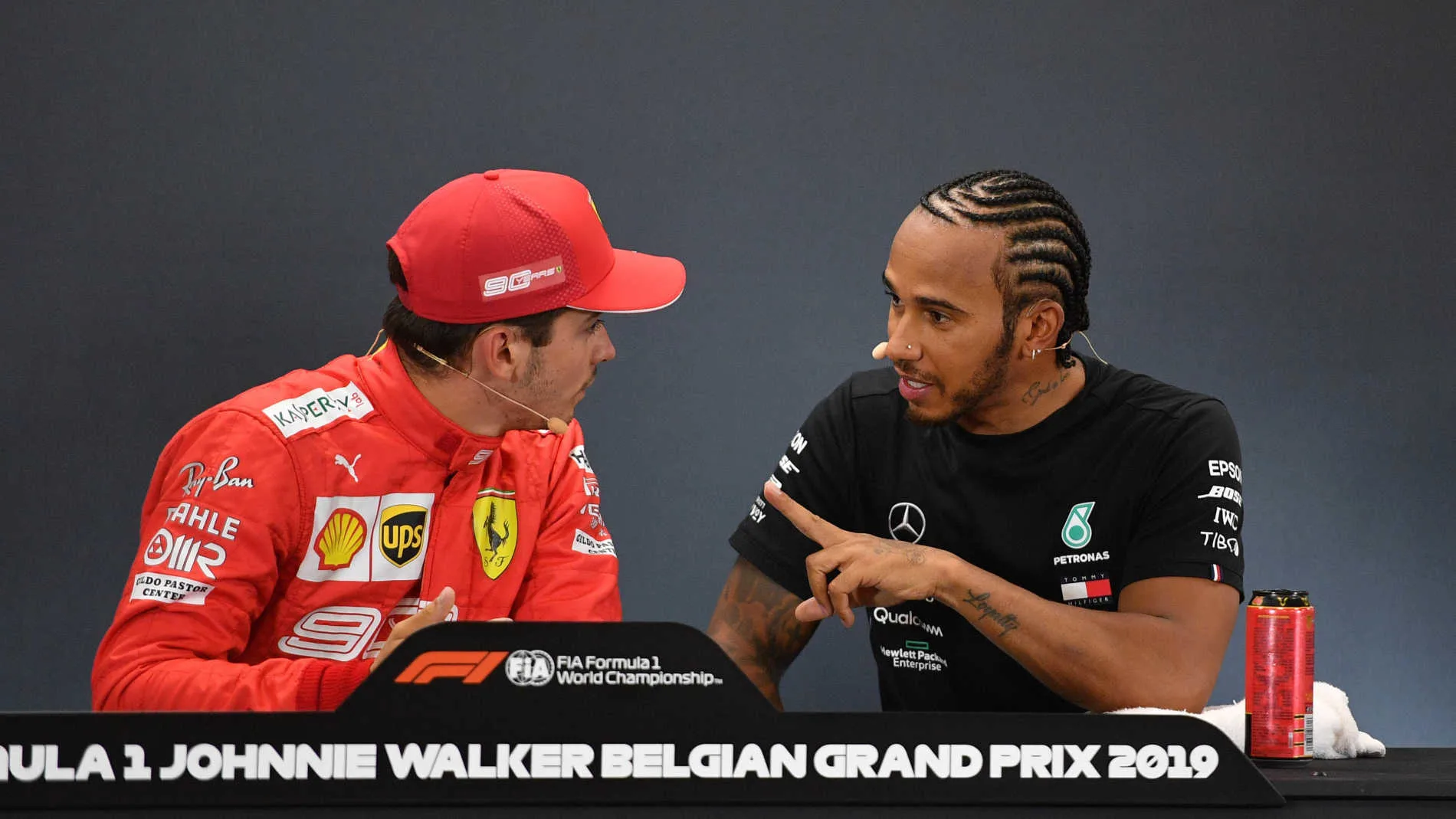SPA-FRANCORCHAMPS, BELGIUM - AUGUST 31: Pole man Charles Leclerc, Ferrari, and Lewis Hamilton,