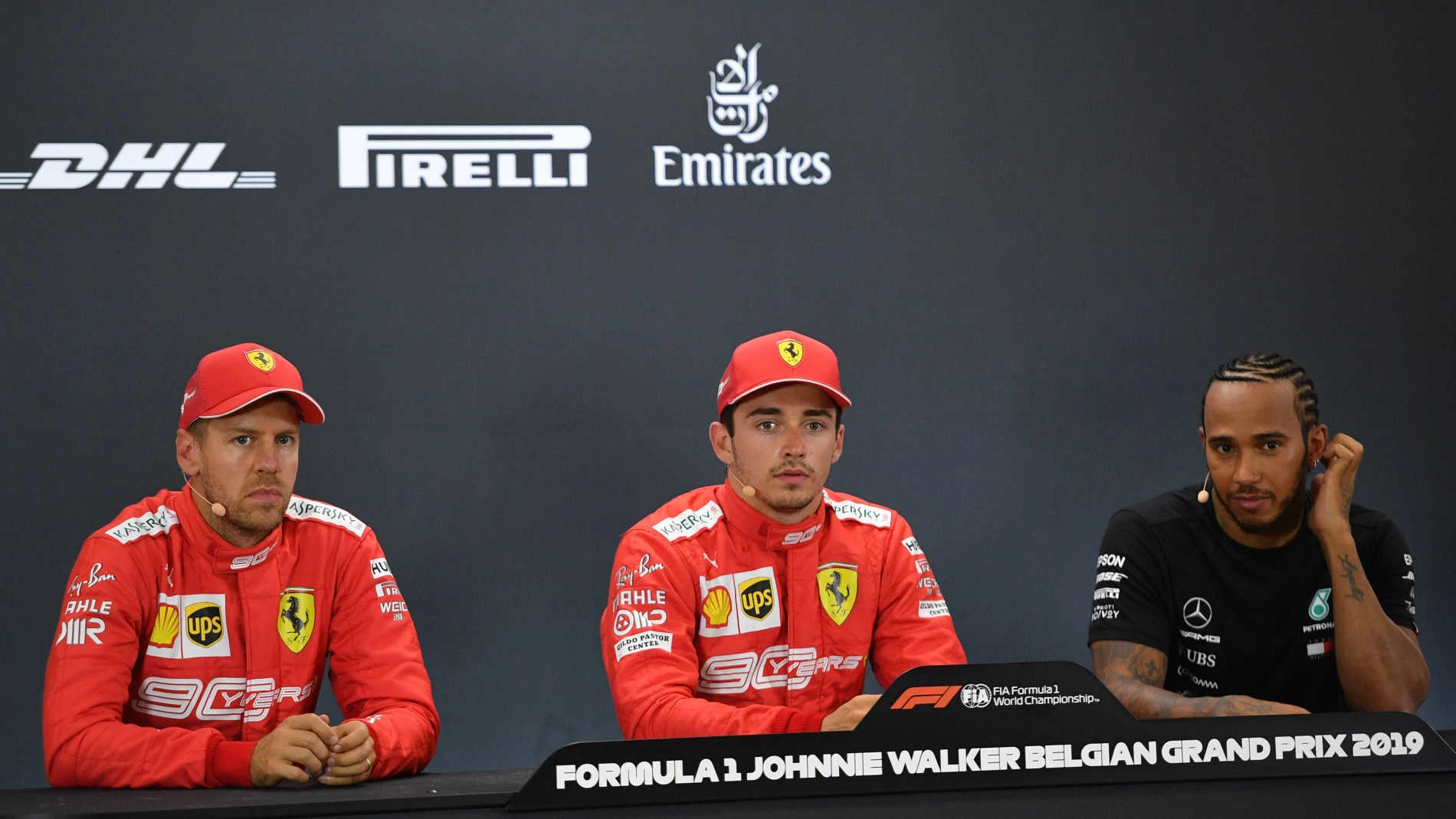 SPA-FRANCORCHAMPS, BELGIUM - AUGUST 31: Sebastian Vettel, Ferrari, pole man Charles Leclerc, Ferrari, and Lewis Hamilton, Mercedes AMG F1, in the Press Conference during the Belgian GP at Spa-Francorchamps on August 31, 2019 in Spa-Francorchamps, Belgium. (Photo by Simon Galloway / Sutton Images)
