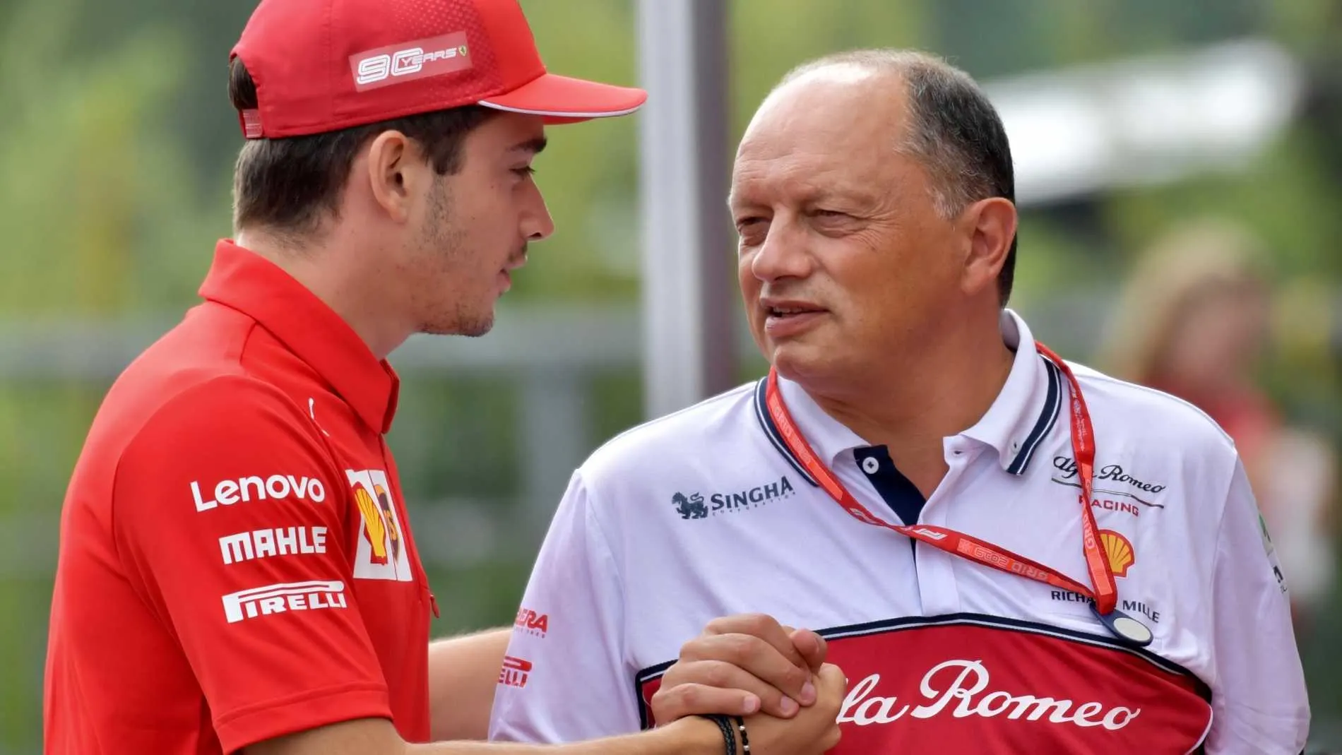 SPA-FRANCORCHAMPS, BELGIUM - AUGUST 29: Charles Leclerc, Ferrari, and Frederic Vasseur, Team