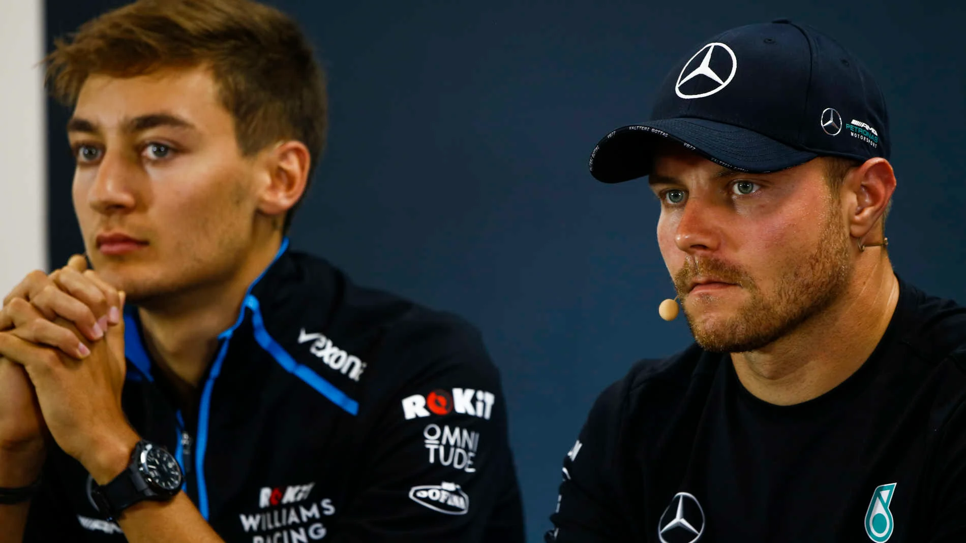 SPA-FRANCORCHAMPS, BELGIUM - AUGUST 29: Valtteri Bottas, Mercedes AMG F1, and George Russell,