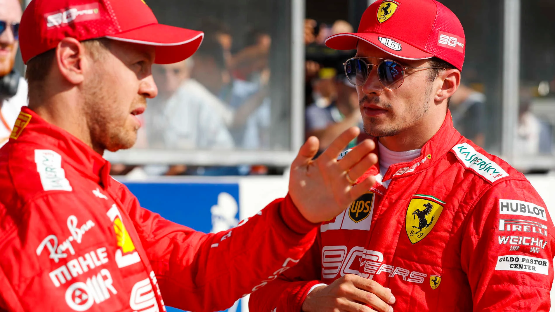 SPA-FRANCORCHAMPS, BELGIUM - AUGUST 31: Pole winner Charles Leclerc, Ferrari, and Sebastian Vettel,