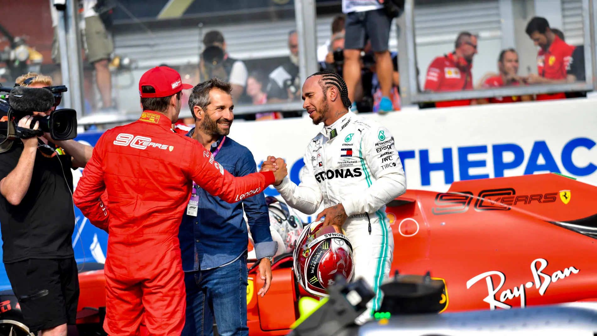 SPA-FRANCORCHAMPS, BELGIUM - AUGUST 31: Lewis Hamilton, Mercedes AMG F1, congratulates Charles