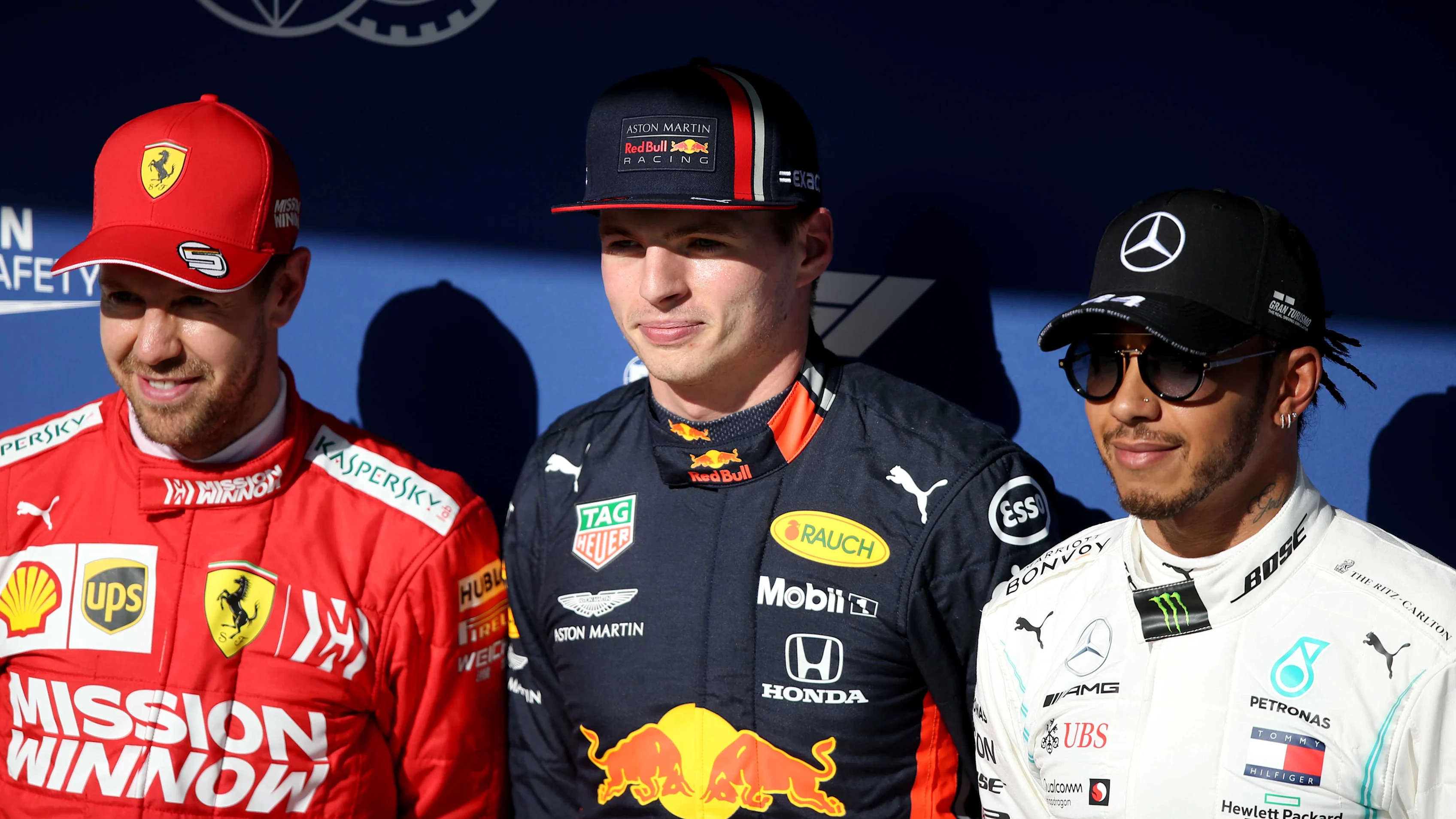 SAO PAULO, BRAZIL - NOVEMBER 16: Top three qualifiers Max Verstappen of Netherlands and Red Bull