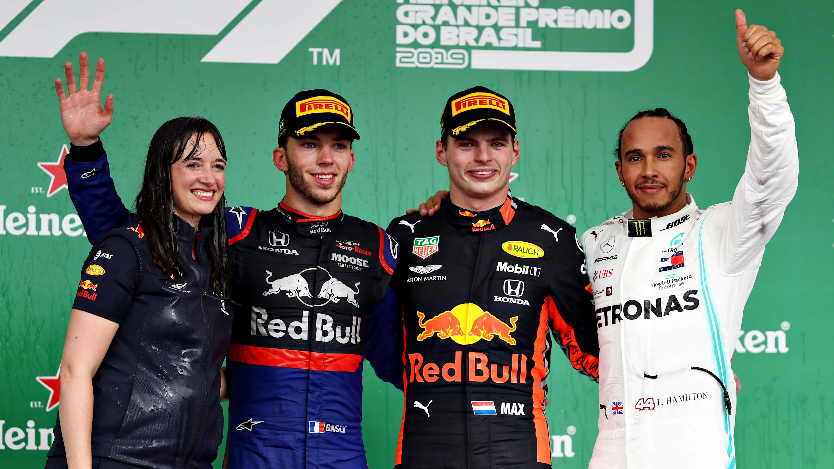 SAO PAULO, BRAZIL - NOVEMBER 17: Top three finishers Max Verstappen of Netherlands and Red Bull