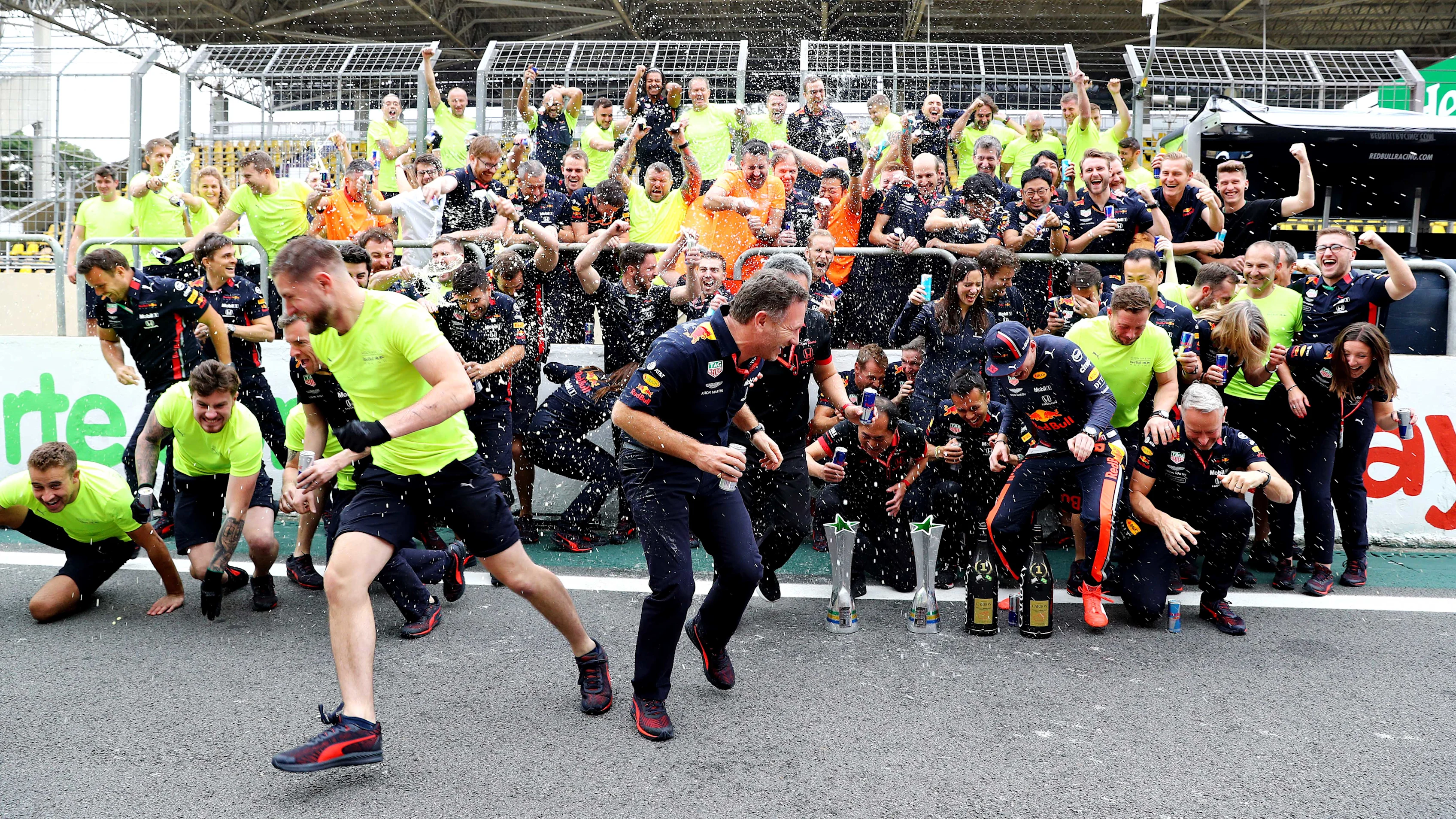 SAO PAULO, BRAZIL - NOVEMBER 17: Race winner Max Verstappen of Netherlands and Red Bull Racing and his team celebrate after the F1 Grand Prix of Brazil at Autodromo Jose Carlos Pace on November 17, 2019 in Sao Paulo, Brazil. (Photo by Mark Thompson/Getty Images)