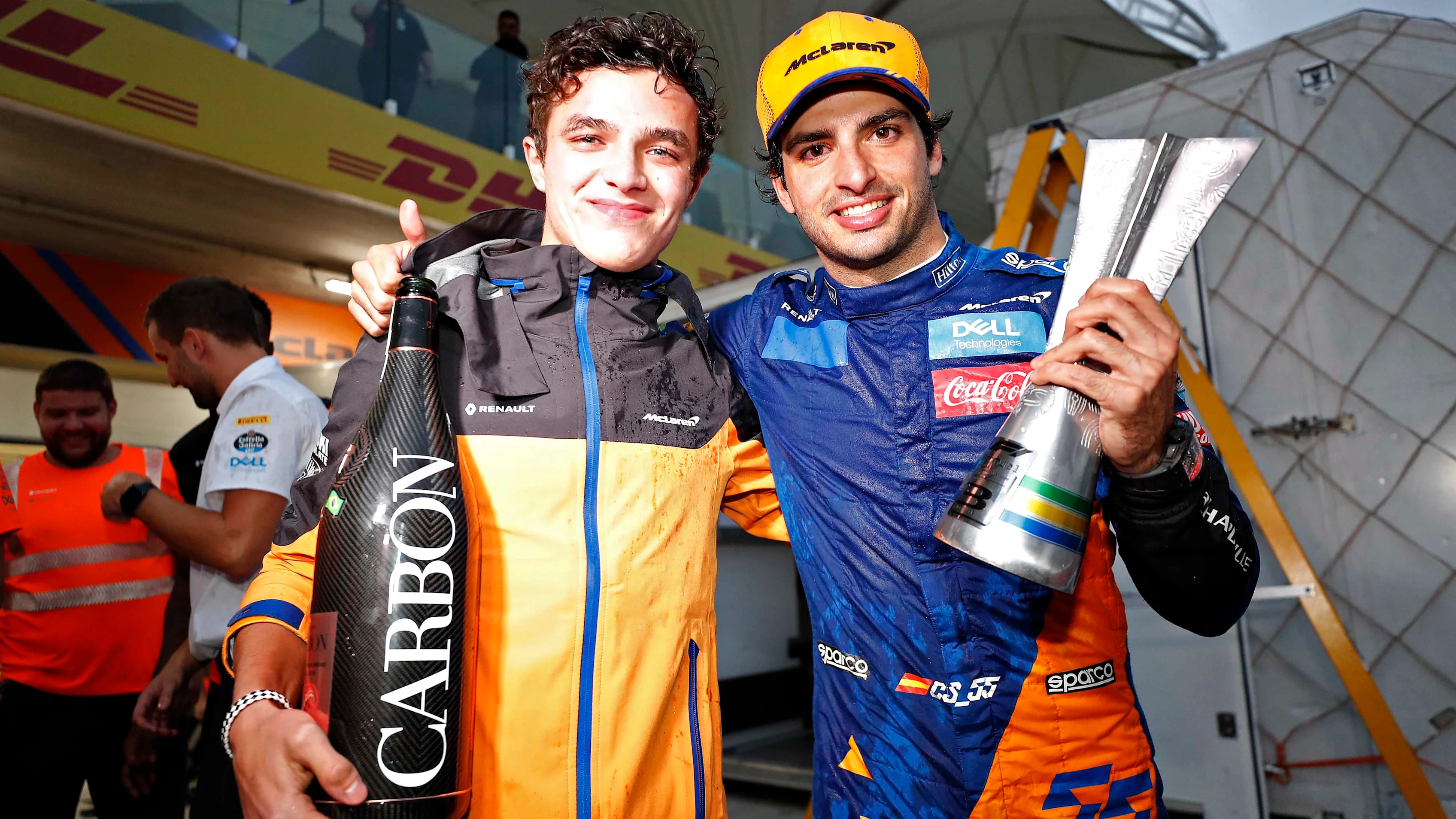 SAO PAULO, BRAZIL - NOVEMBER 17: Carlos Sainz of Spain and McLaren F1 celebrates after later being