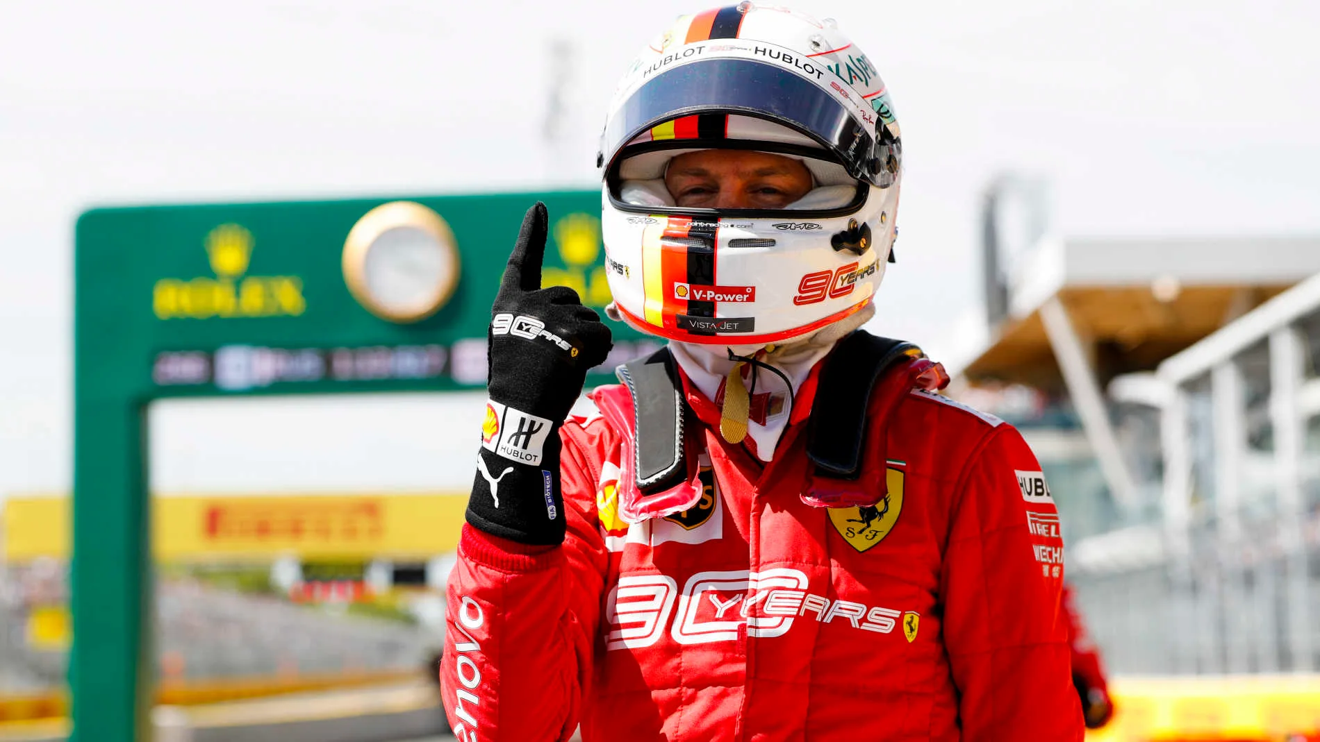 CIRCUIT GILLES-VILLENEUVE, CANADA - JUNE 08: Pole man Sebastian Vettel, Ferrari, celebrates during the Canadian GP at Circuit Gilles-Villeneuve on June 08, 2019 in Circuit Gilles-Villeneuve, Canada. (Photo by Steven Tee / LAT Images)