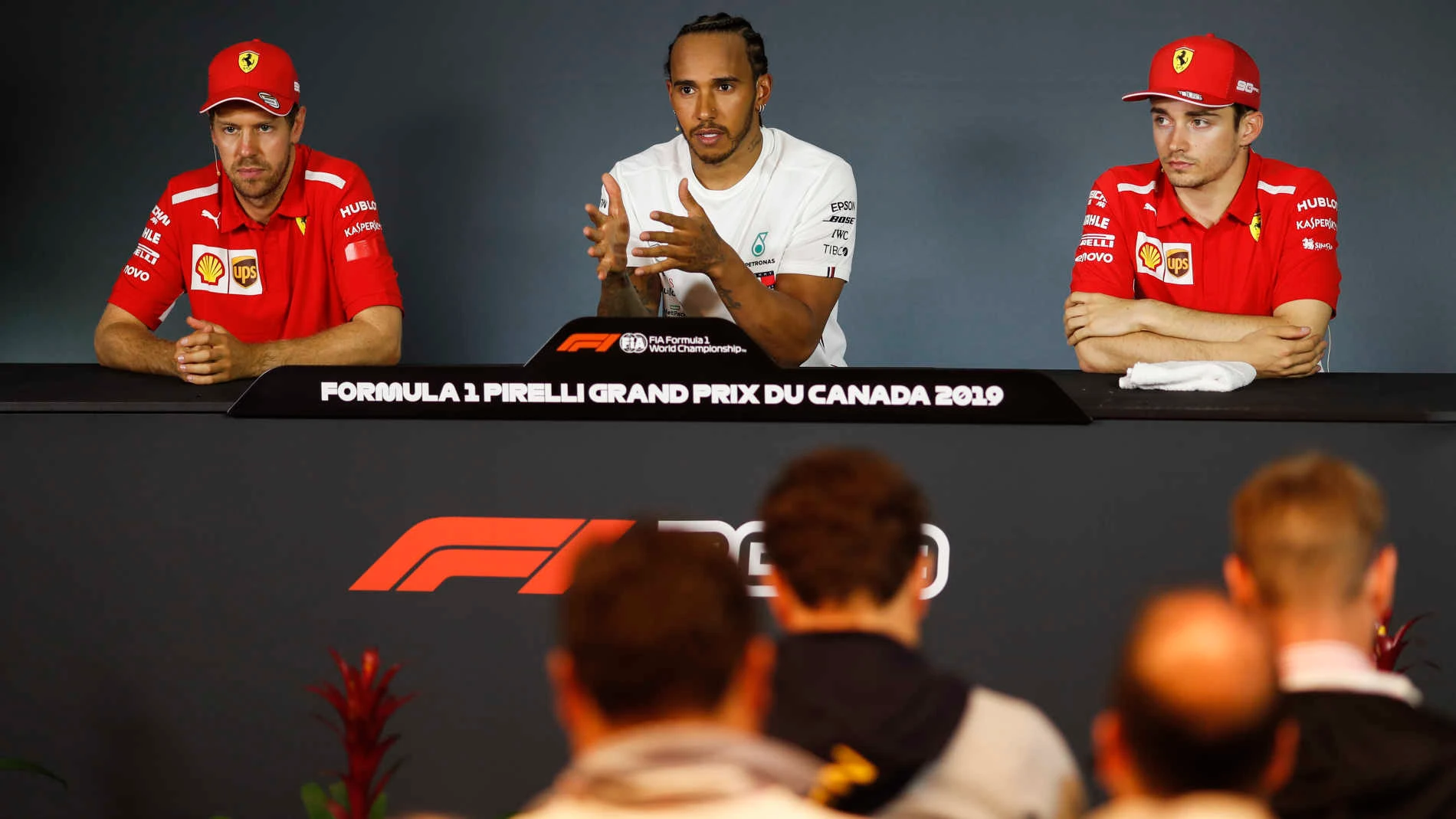 CIRCUIT GILLES-VILLENEUVE, CANADA - JUNE 09: Sebastian Vettel, Ferrari, Lewis Hamilton, Mercedes AMG F1 and Charles Leclerc, Ferrari in Press Conference during the Canadian GP at Circuit Gilles-Villeneuve on June 09, 2019 in Circuit Gilles-Villeneuve, Canada. (Photo by Zak Mauger / LAT Images)