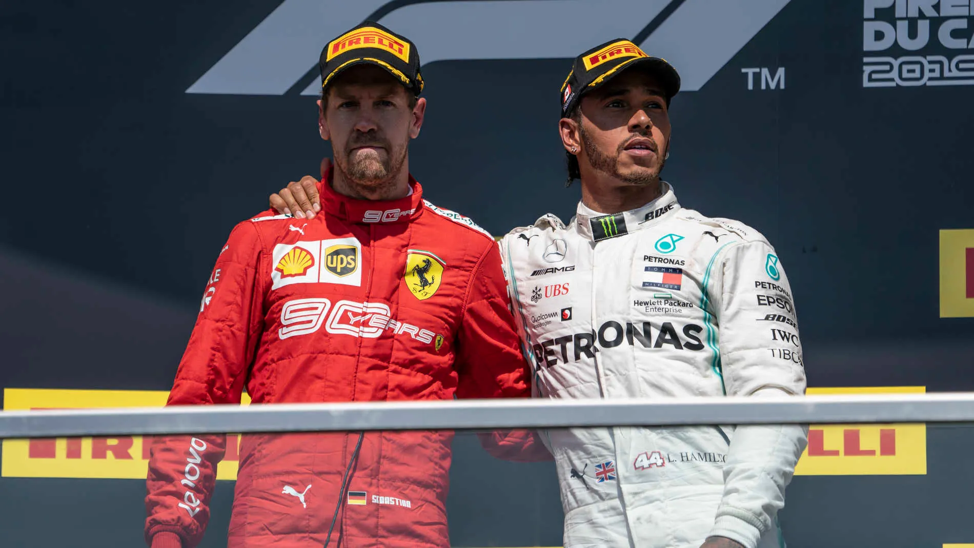 CIRCUIT GILLES-VILLENEUVE, CANADA - JUNE 09: Sebastian Vettel, Ferrari, 2nd position, and Lewis