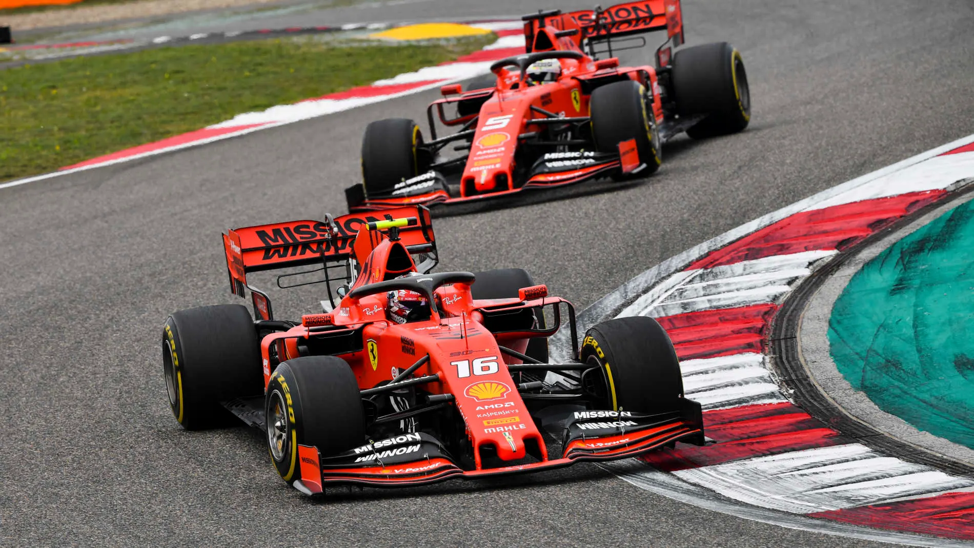 SHANGHAI INTERNATIONAL CIRCUIT, CHINA - APRIL 14: Charles Leclerc, Ferrari SF90, leads Sebastian