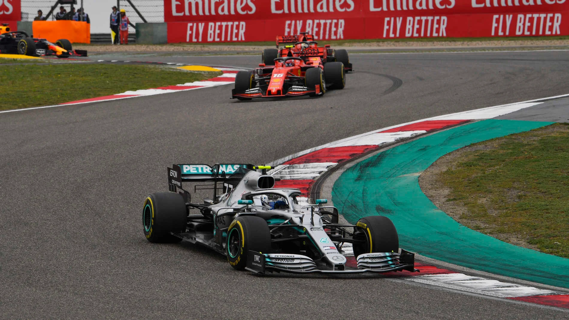 SHANGHAI INTERNATIONAL CIRCUIT, CHINA - FEBRUARY 14: Valtteri Bottas, Mercedes AMG W10, leads