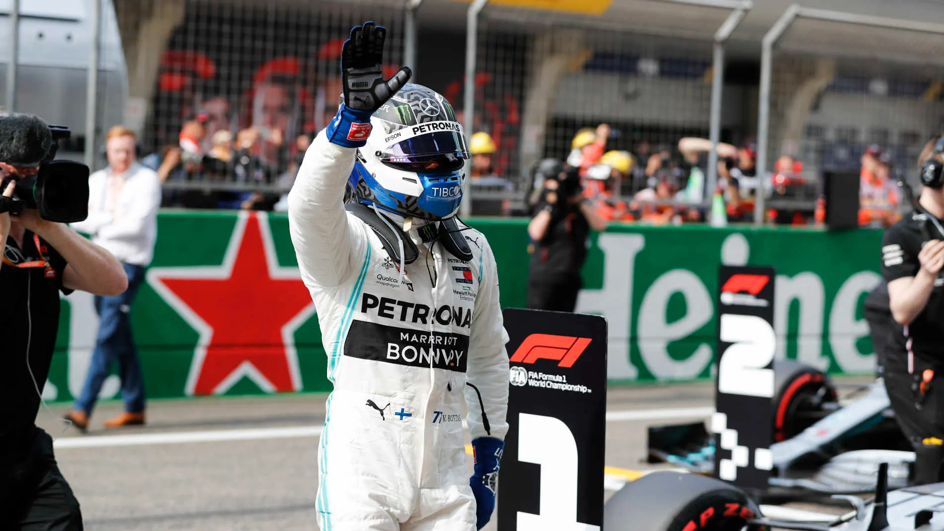 SHANGHAI INTERNATIONAL CIRCUIT, CHINA - APRIL 13: Valtteri Bottas, Mercedes AMG F1 celebrates pole