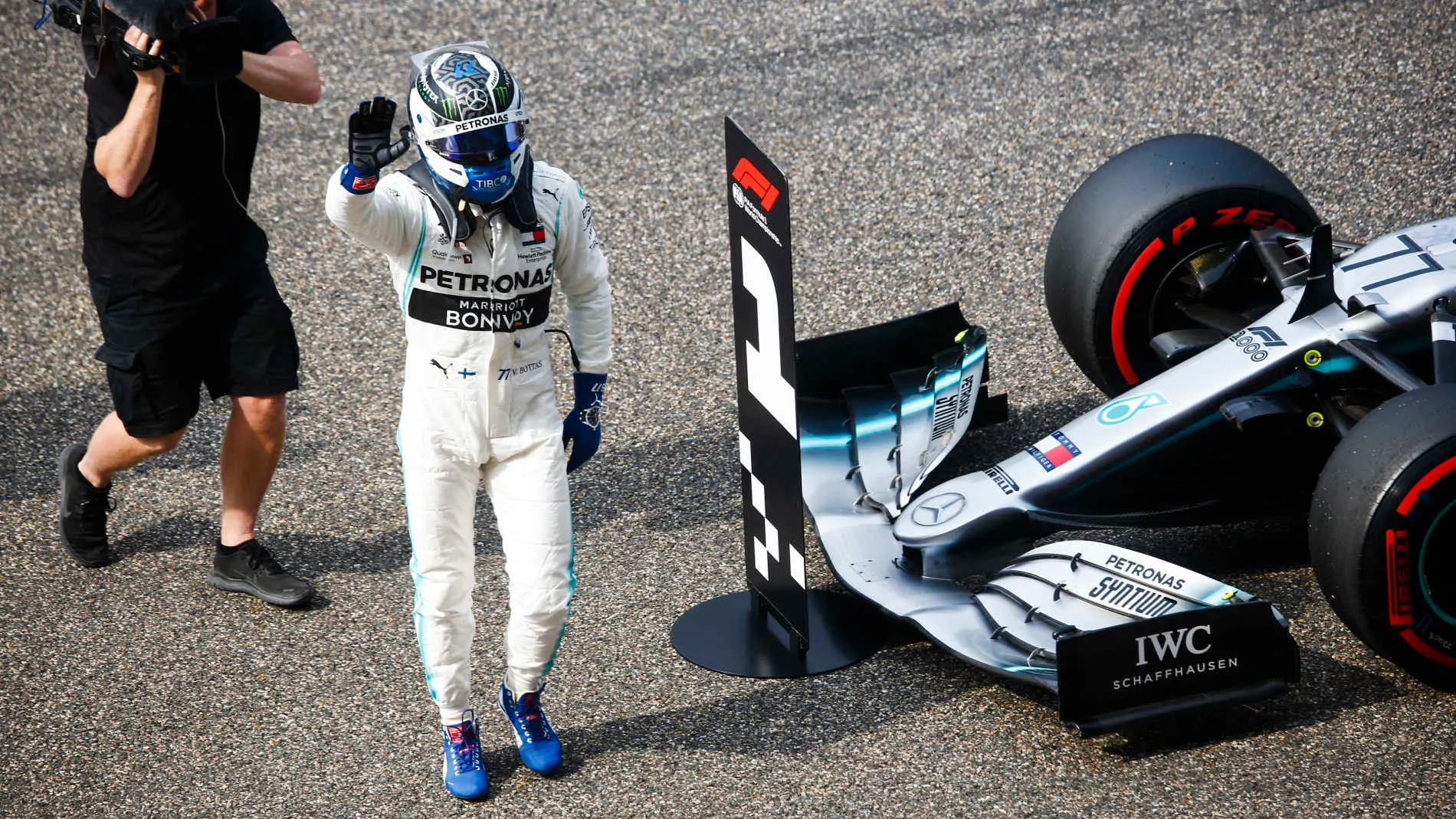 SHANGHAI INTERNATIONAL CIRCUIT, CHINA - APRIL 13: Valtteri Bottas, Mercedes AMG F1, celebrates pole position during the Chinese GP at Shanghai International Circuit on April 13, 2019 in Shanghai International Circuit, China. (Photo by Andy Hone / LAT Images)