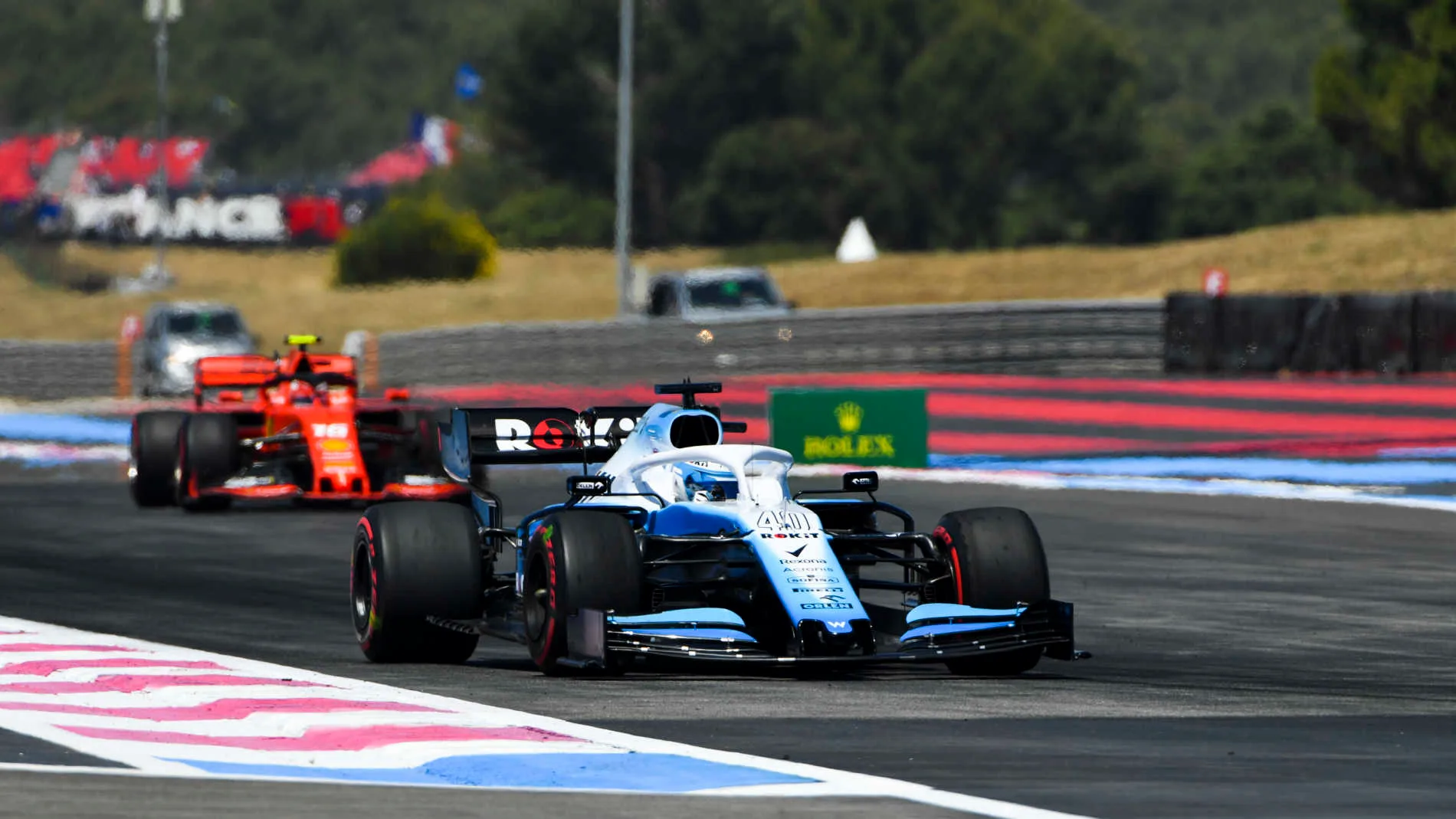 CIRCUIT PAUL RICARD, FRANCE - JUNE 21: Nicholas Latifi, Williams FW42, leads Charles Leclerc,