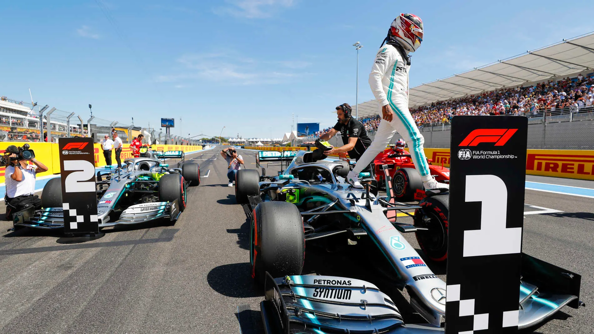 CIRCUIT PAUL RICARD, FRANCE - JUNE 22: Lewis Hamilton, Mercedes AMG F1 W10, celebrates after taking