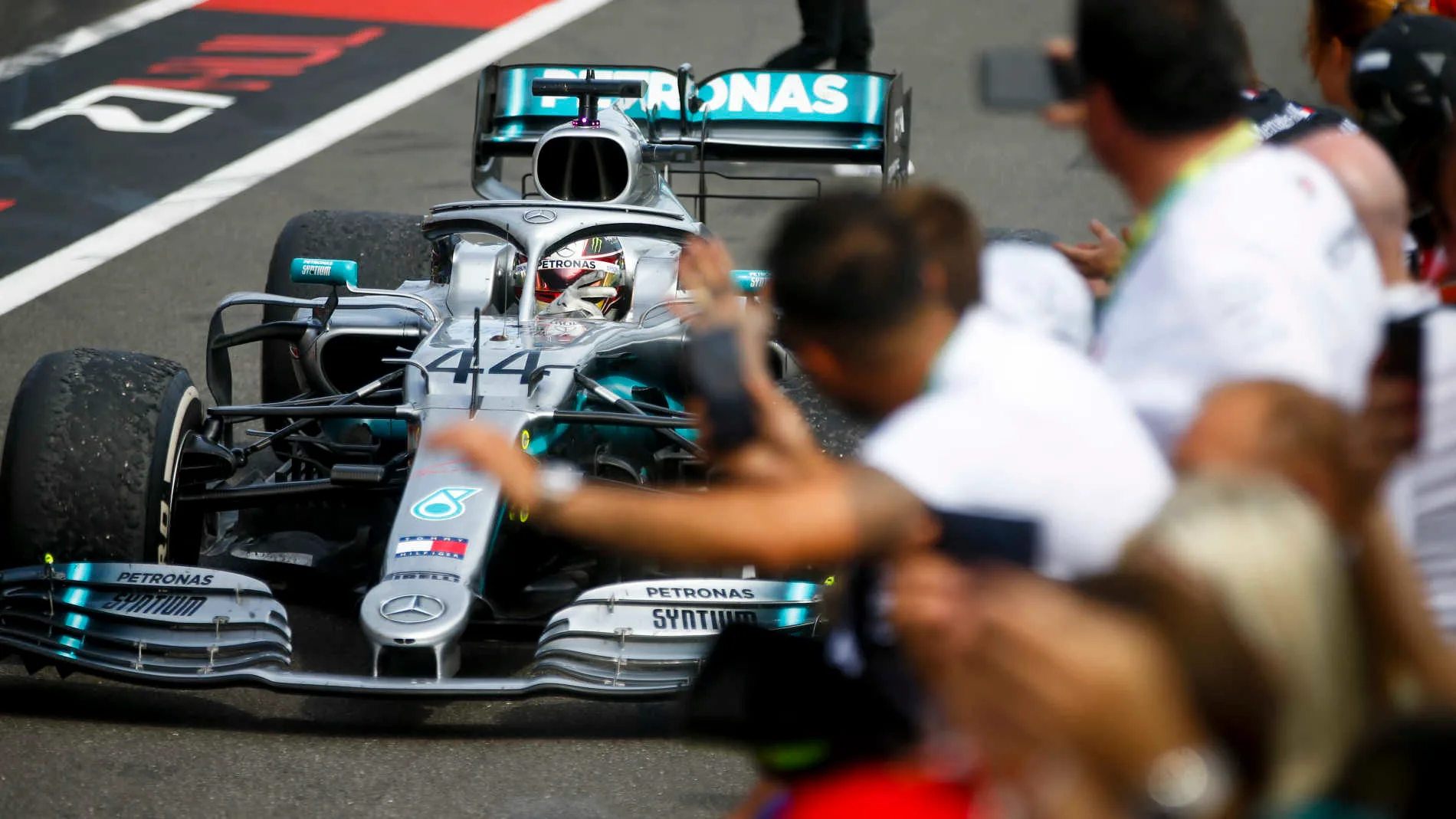 CIRCUIT PAUL RICARD, FRANCE - JUNE 23: Lewis Hamilton, Mercedes AMG F1 W10, 1st position, arrives