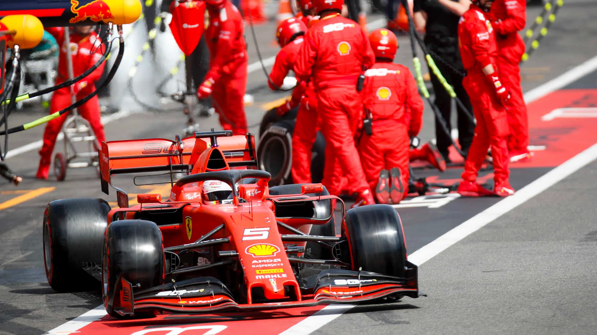 CIRCUIT PAUL RICARD, FRANCE - JUNE 23: Sebastian Vettel, Ferrari SF90, leaves the pits after a stop during the French GP at Circuit Paul Ricard on June 23, 2019 in Circuit Paul Ricard, France. (Photo by Joe Portlock)