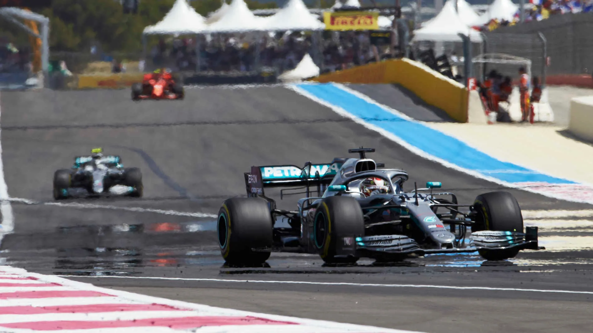 CIRCUIT PAUL RICARD, FRANCE - JUNE 23: Lewis Hamilton, Mercedes AMG F1 W10, leads Valtteri Bottas,