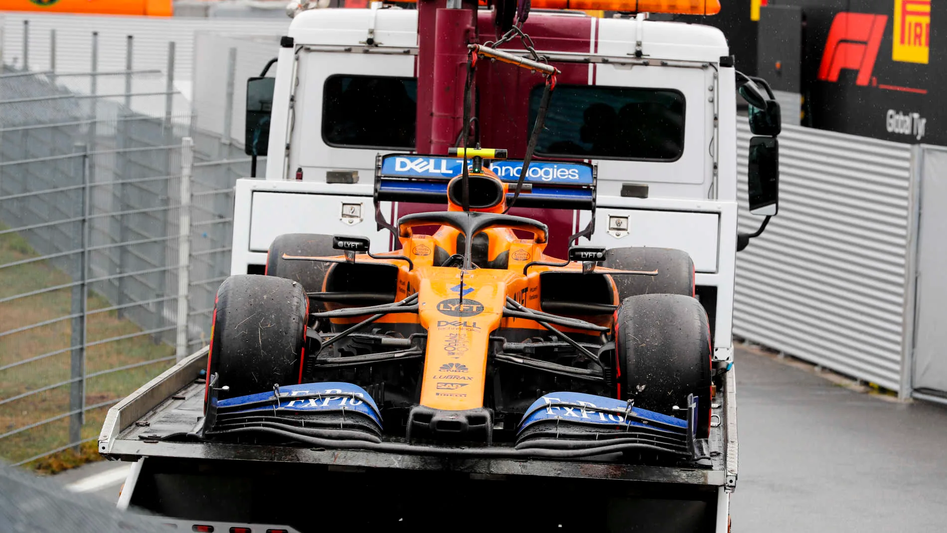 HOCKENHEIMRING, GERMANY - JULY 28: Car of Lando Norris, McLaren MCL34 on the back of a low loader during the German GP at Hockenheimring on July 28, 2019 in Hockenheimring, Germany. (Photo by Steven Tee / LAT Images)