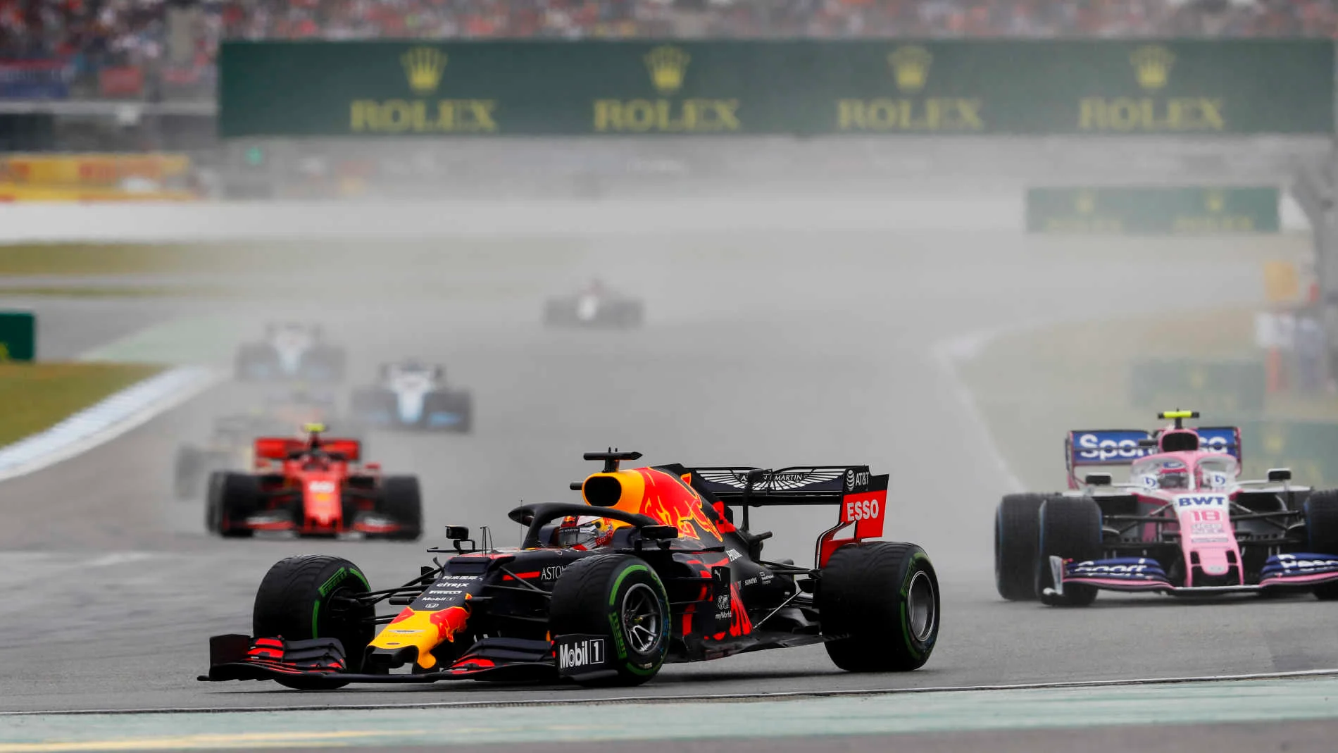 HOCKENHEIMRING, GERMANY - JULY 28: Max Verstappen, Red Bull Racing RB15, leads Lance Stroll, Racing