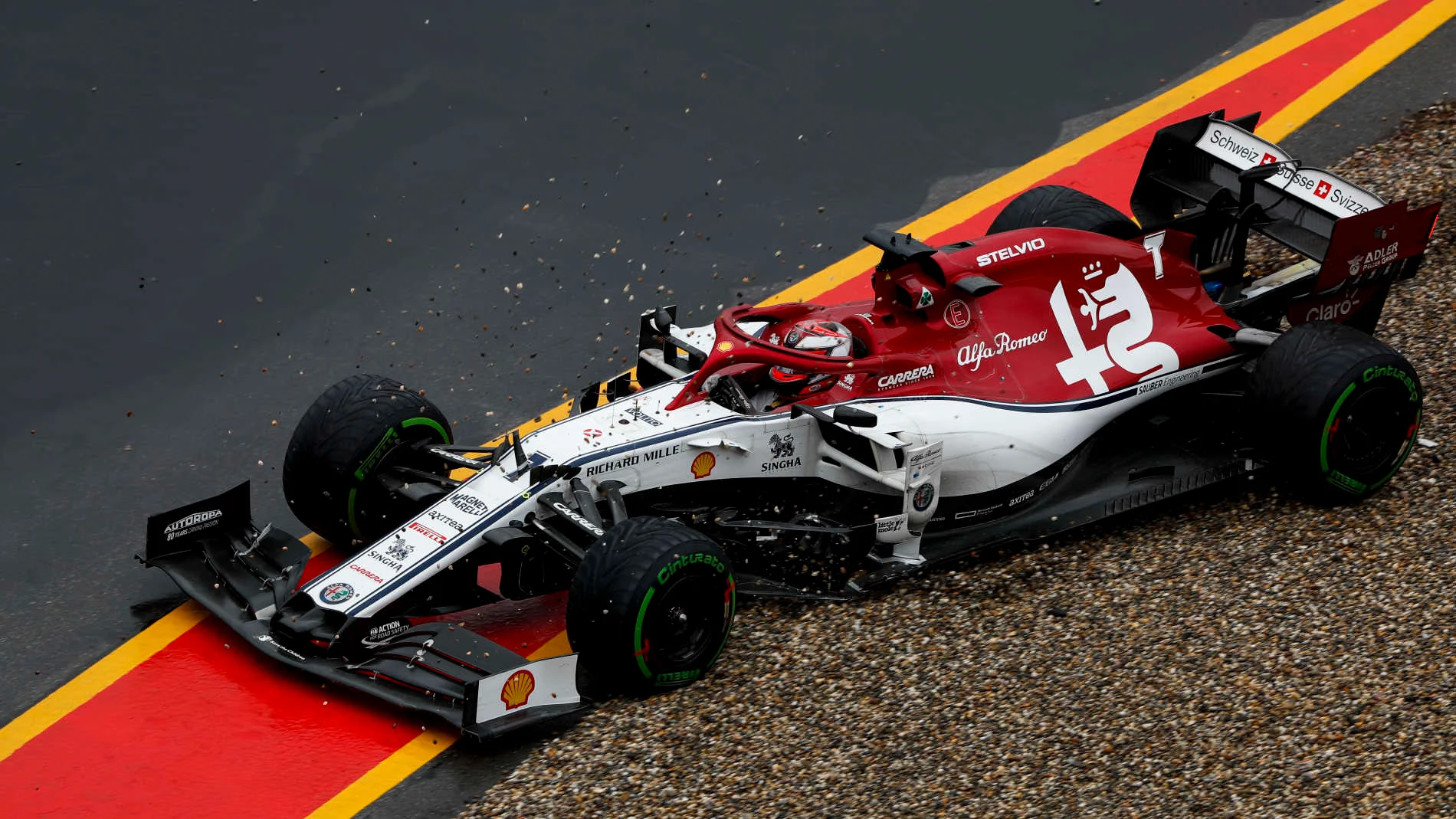 HOCKENHEIMRING, GERMANY - JULY 28: Kimi Raikkonen, Alfa Romeo Racing C38, rejoins after a trip into the gravel during the German GP at Hockenheimring on July 28, 2019 in Hockenheimring, Germany. (Photo by Sam Bloxham / LAT Images)