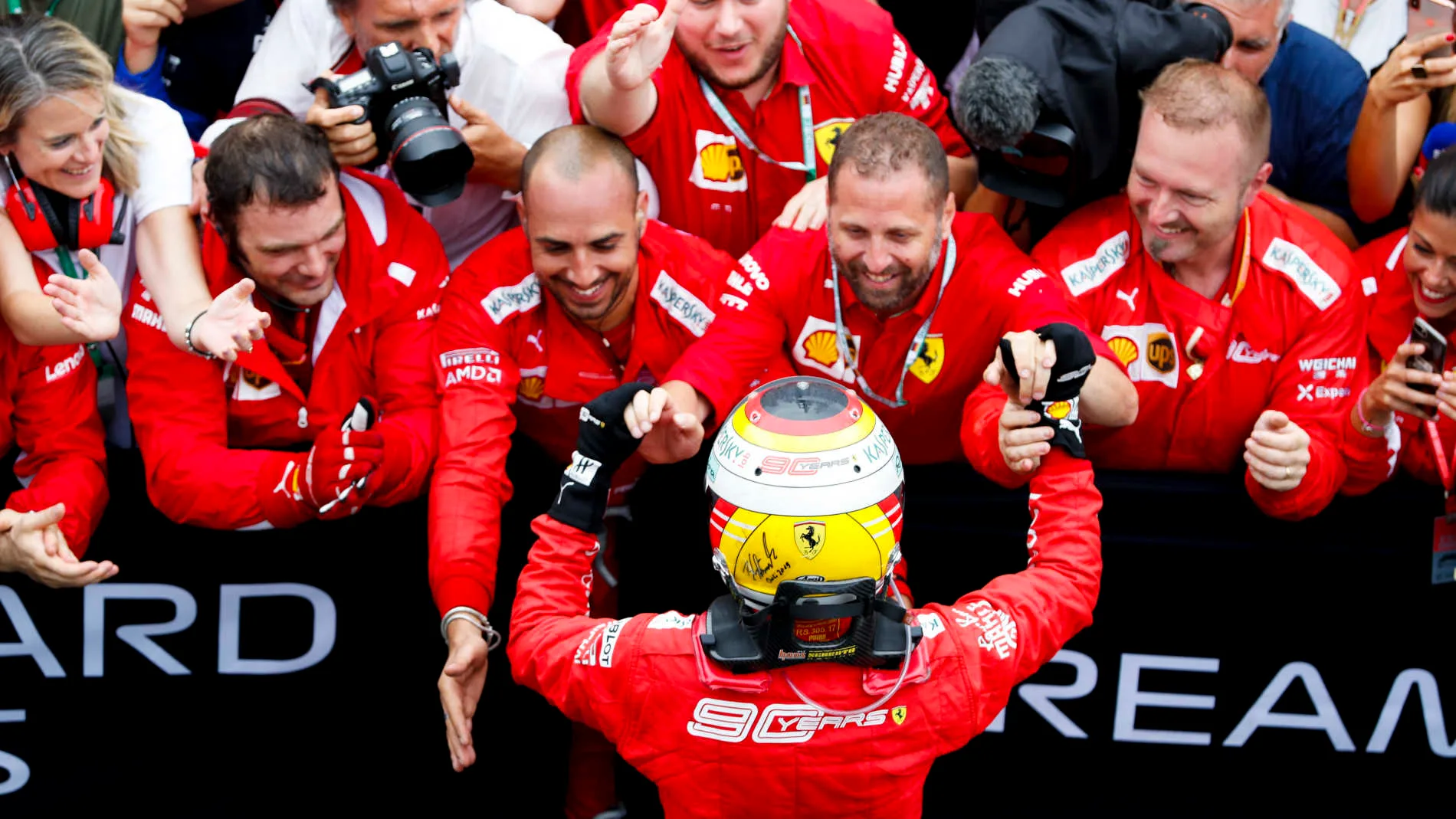HOCKENHEIMRING, GERMANY - JULY 28: Sebastian Vettel, Ferrari celebrates with his team during the