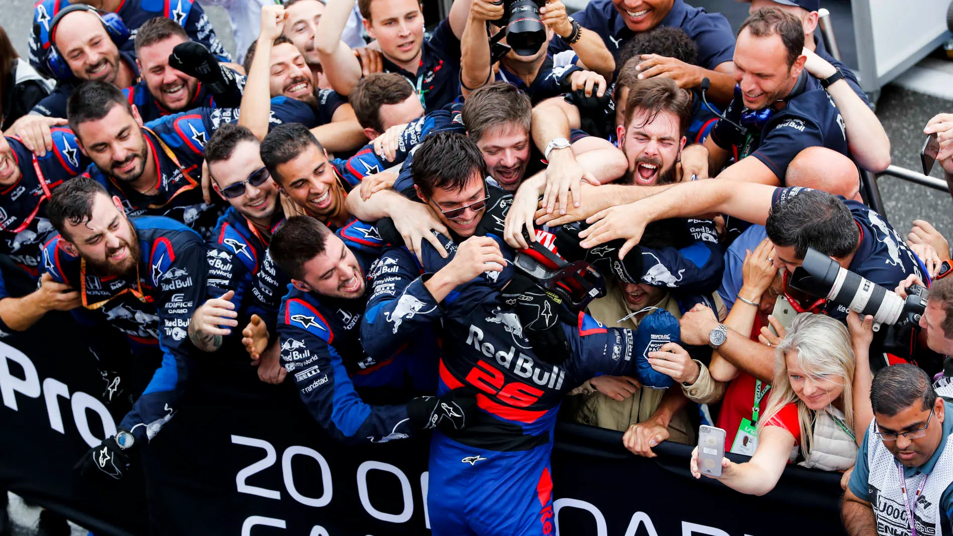 HOCKENHEIMRING, GERMANY - JULY 28: Daniil Kvyat, Toro Rosso celebrates with his team in Parc Ferme during the German GP at Hockenheimring on July 28, 2019 in Hockenheimring, Germany. (Photo by Steven Tee / LAT Images)