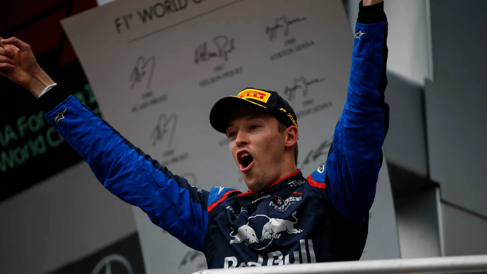HOCKENHEIMRING, GERMANY - JULY 28: Daniil Kvyat, Toro Rosso, 3rd position, celebrates on the podium