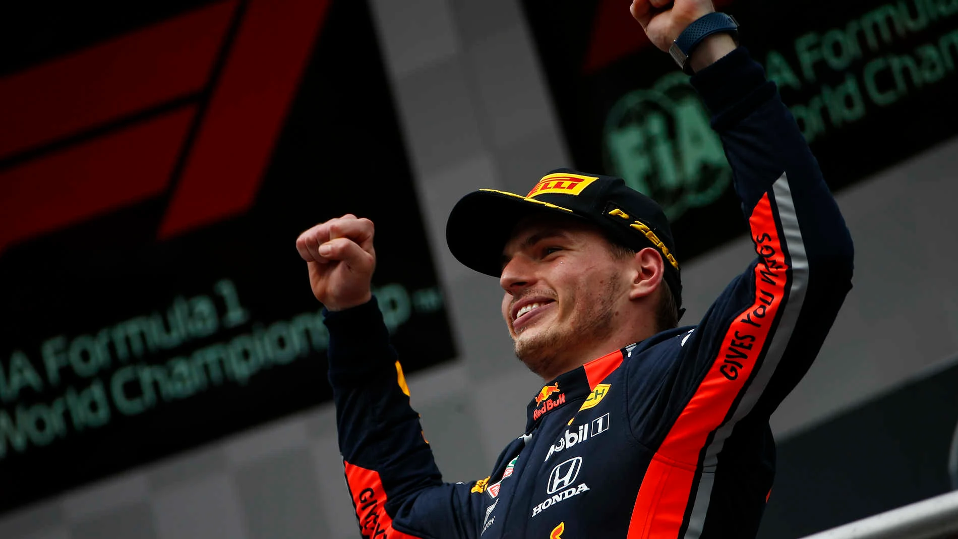 HOCKENHEIMRING, GERMANY - JULY 28: Max Verstappen, Red Bull Racing, 1st position, on the podium during the German GP at Hockenheimring on July 28, 2019 in Hockenheimring, Germany. (Photo by Andy Hone / LAT Images)