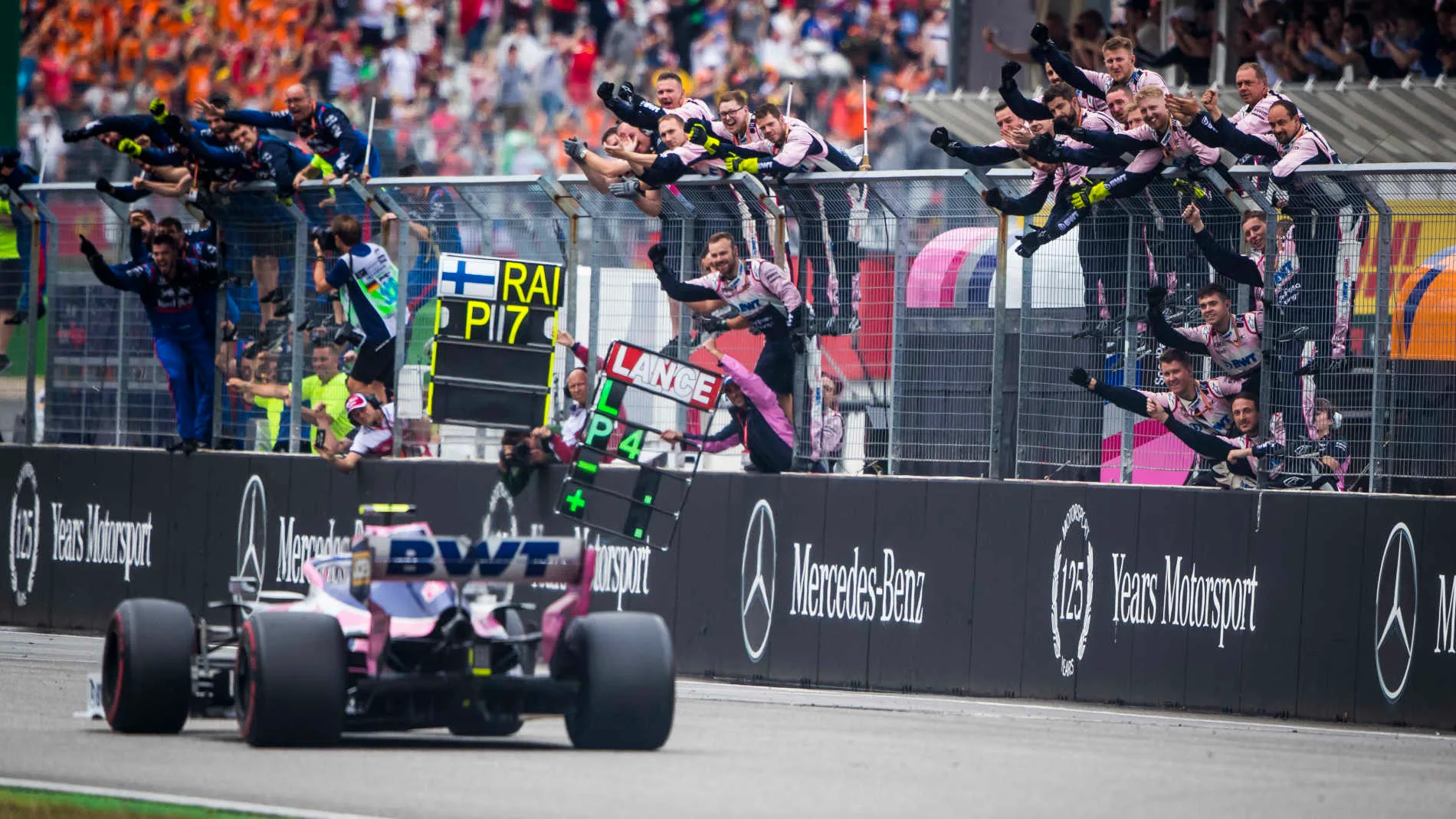 HOCKENHEIMRING, GERMANY - JULY 28: The Racing Point team cheer Lance Stroll, Racing Point RP19, over the line during the German GP at Hockenheimring on July 28, 2019 in Hockenheimring, Germany. (Photo by Sam Bloxham / LAT Images)