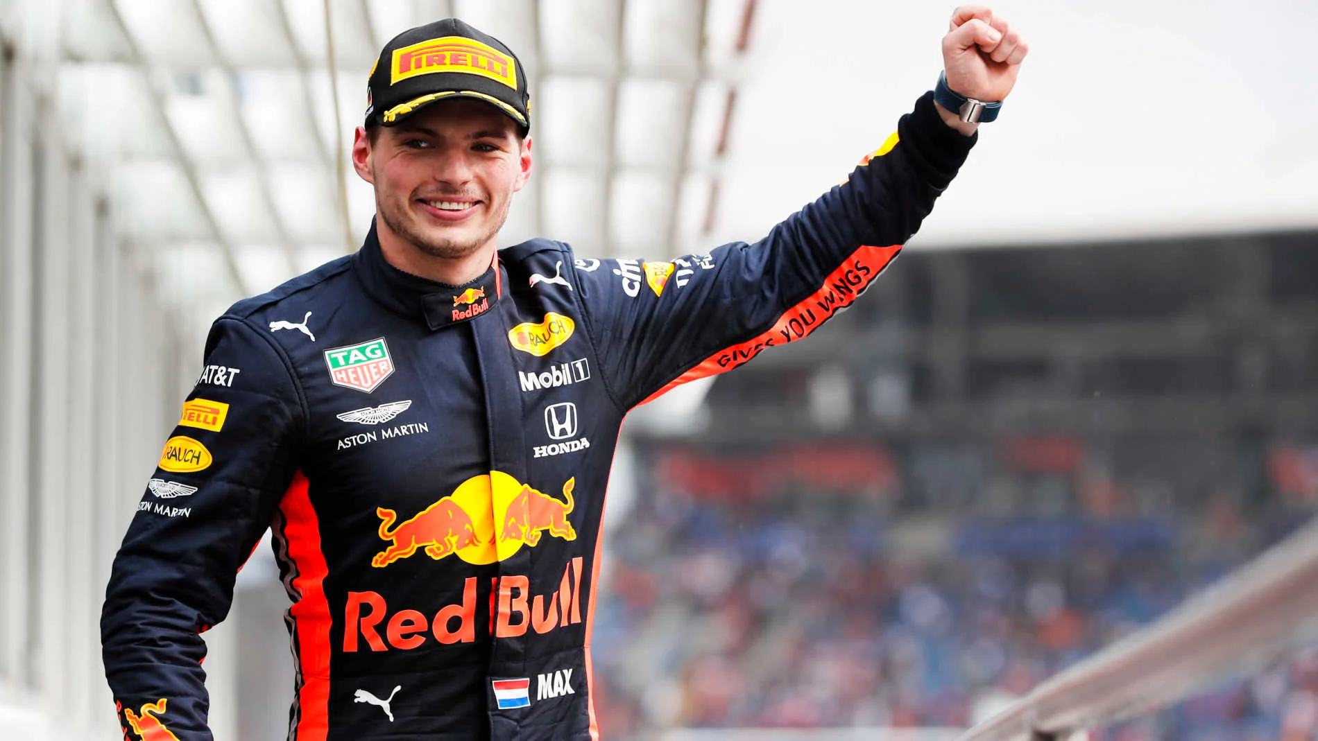 HOCKENHEIMRING, GERMANY - JULY 28: Max Verstappen, Red Bull Racing, 1st position, on the podium during the German GP at Hockenheimring on July 28, 2019 in Hockenheimring, Germany. (Photo by Steven Tee / LAT Images)