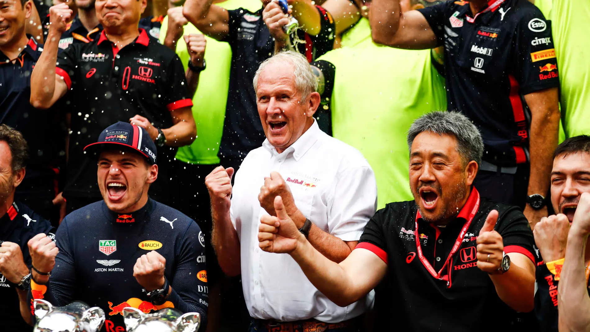 HOCKENHEIMRING, GERMANY - JULY 28: Max Verstappen, Red Bull Racing, 1st position, Helmut Marko,