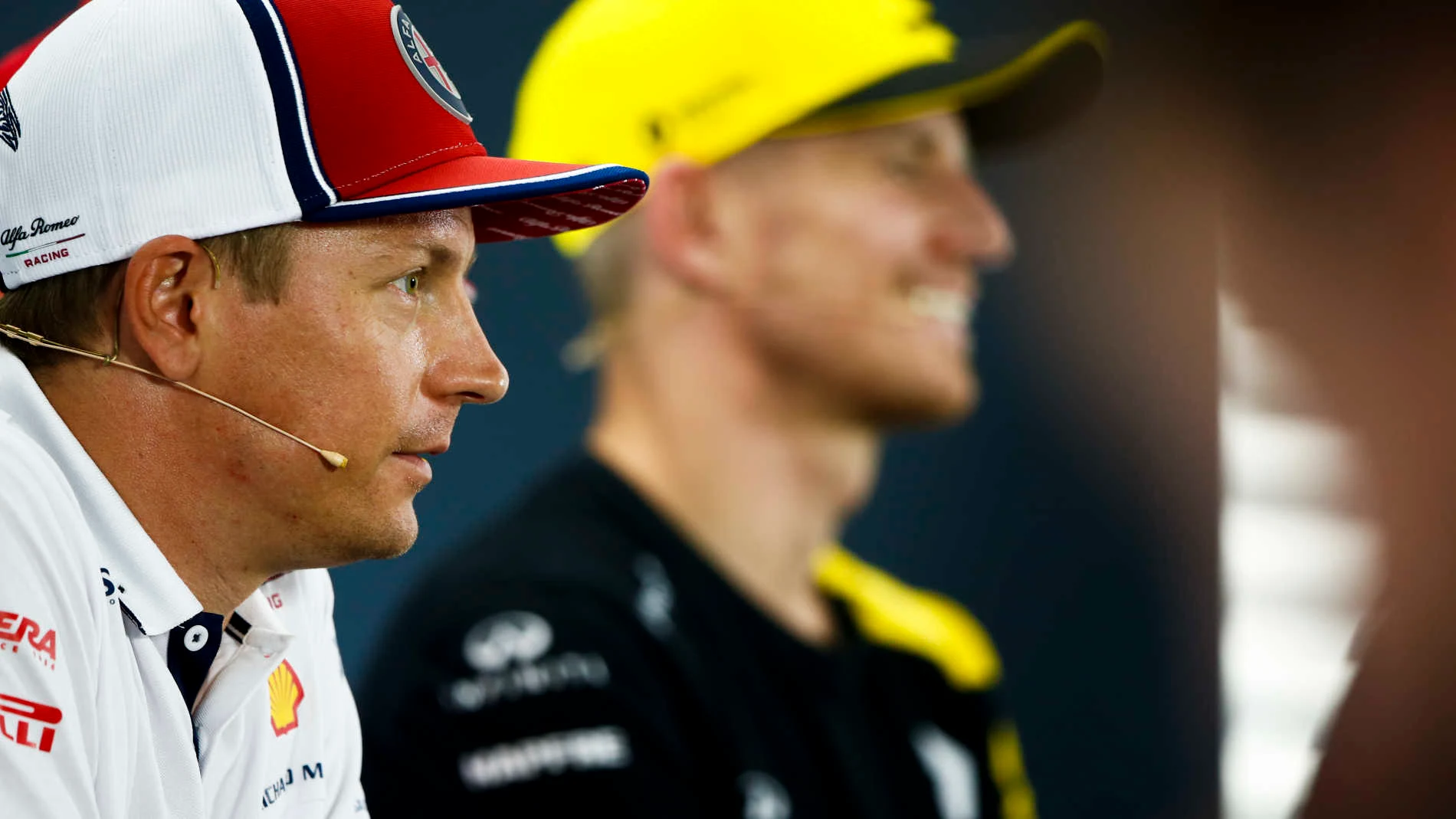 HOCKENHEIMRING, GERMANY - JULY 25: Kimi Raikkonen, Alfa Romeo Racing and Nico Hulkenberg, Renault