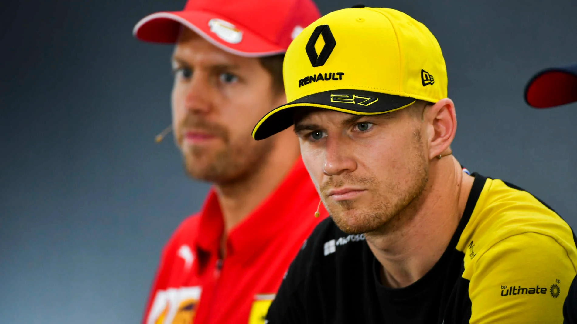 HOCKENHEIMRING, GERMANY - JULY 25: Nico Hulkenberg, Renault F1 Team and Sebastian Vettel, Ferrari